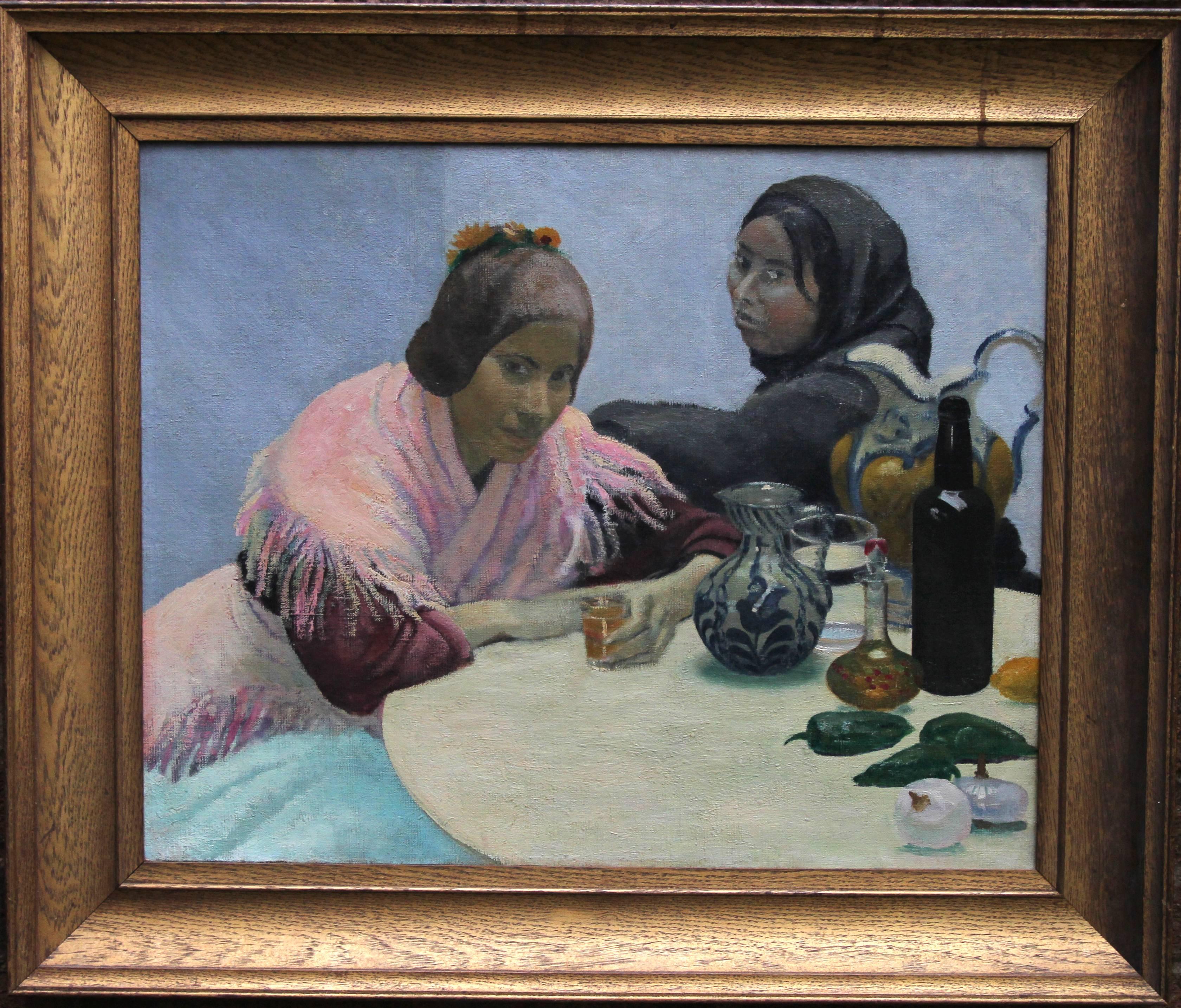 Darsie Japp Portrait Painting – Zwei Frauen in einem Cafe – britisches Ölporträtgemälde aus den 1930er Jahren, Spanien, Krüge in Rosa