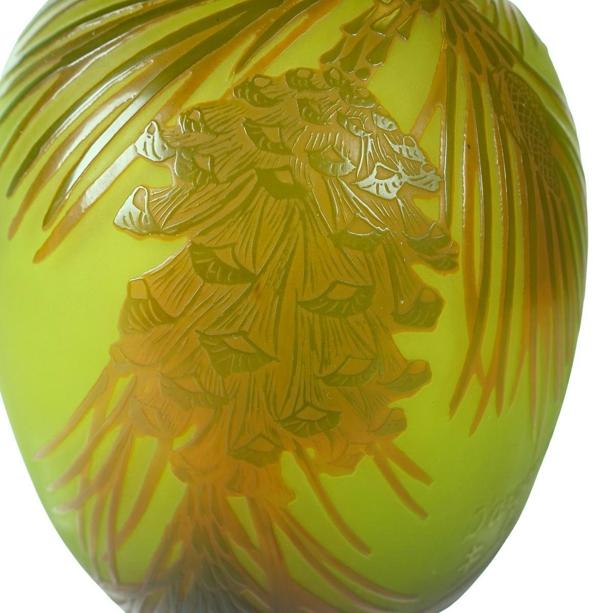 Art Deco D'Artgental Paul Nicolas French Cameo Art Glass Vase, Pine Cones 1920