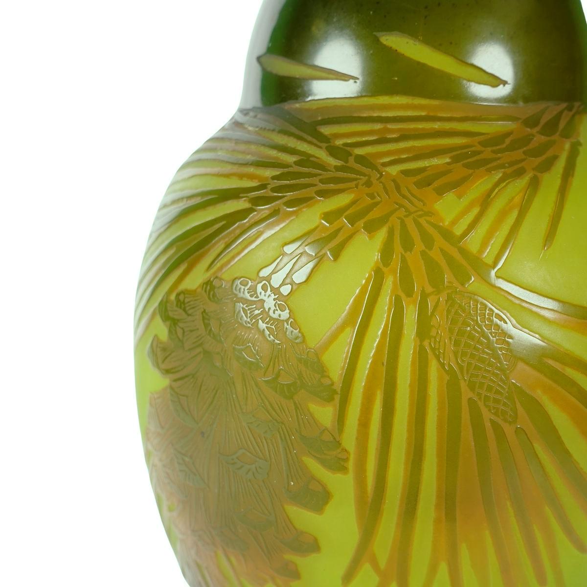 Carved D'Artgental Paul Nicolas French Cameo Art Glass Vase, Pine Cones 1920