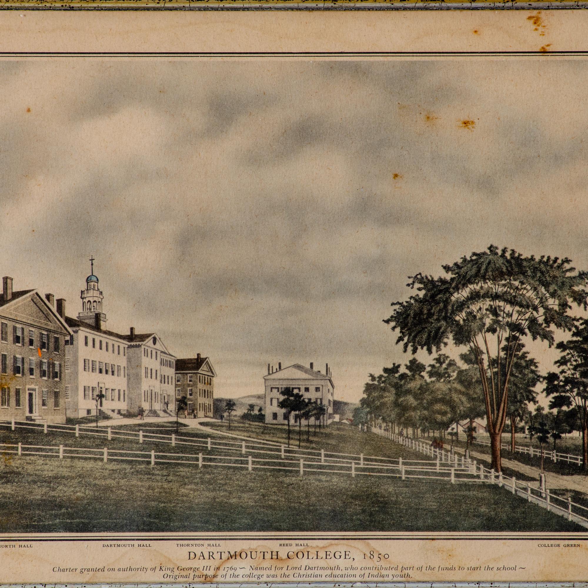 Borghese lithograph depicting Dartmouth College of 1850, including Wentworth Hall, Dartmouth Hall, Thornton Hall, Reed Hall, and College Green.

sight: 11 ⅝ by 8 ⅝ inches
Frame: 13 ½ by 10 ½ inches

