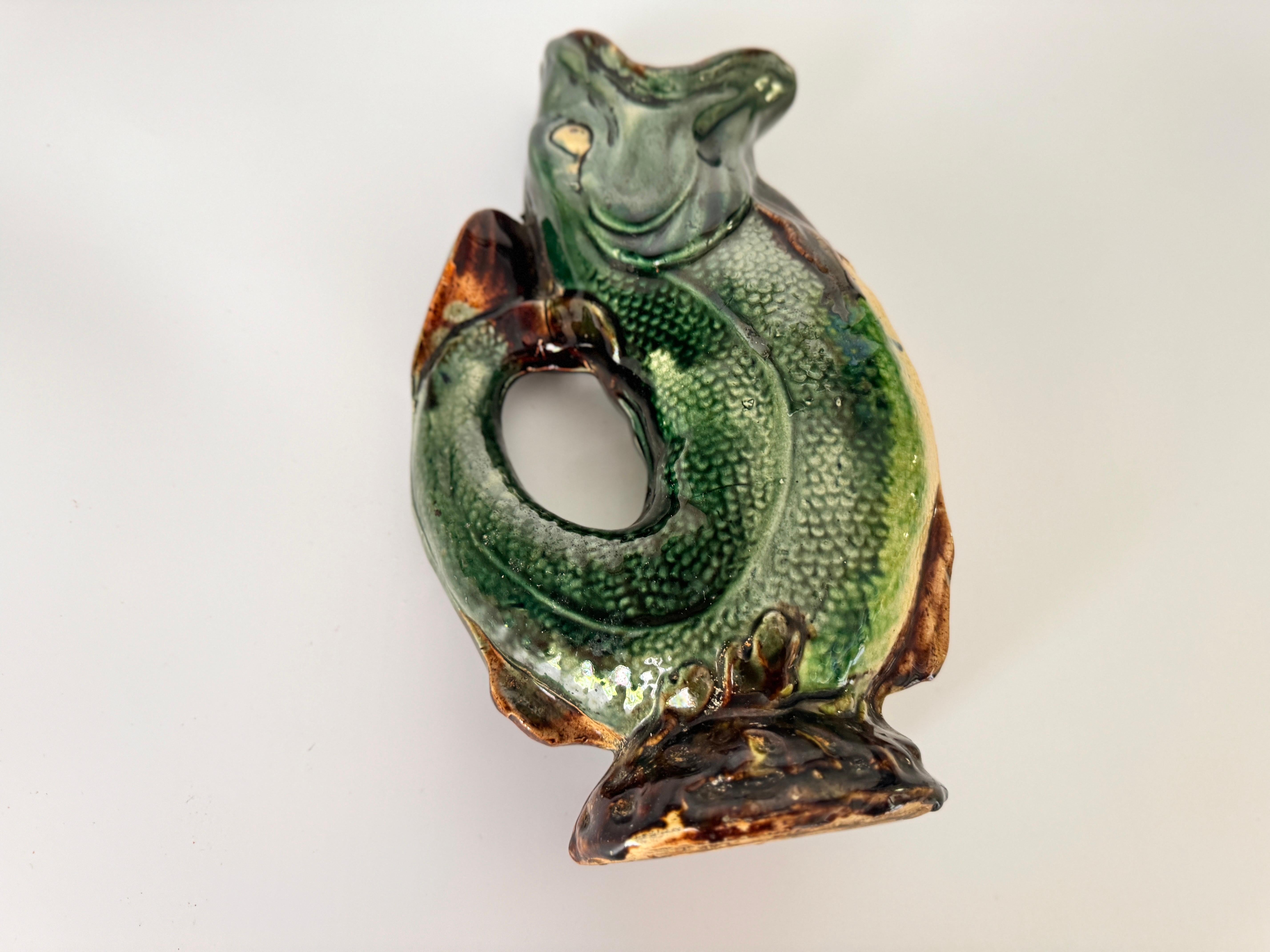 English Dartmouth Majolica Gurgling Fish Pitcher Green Brown color England 19th For Sale