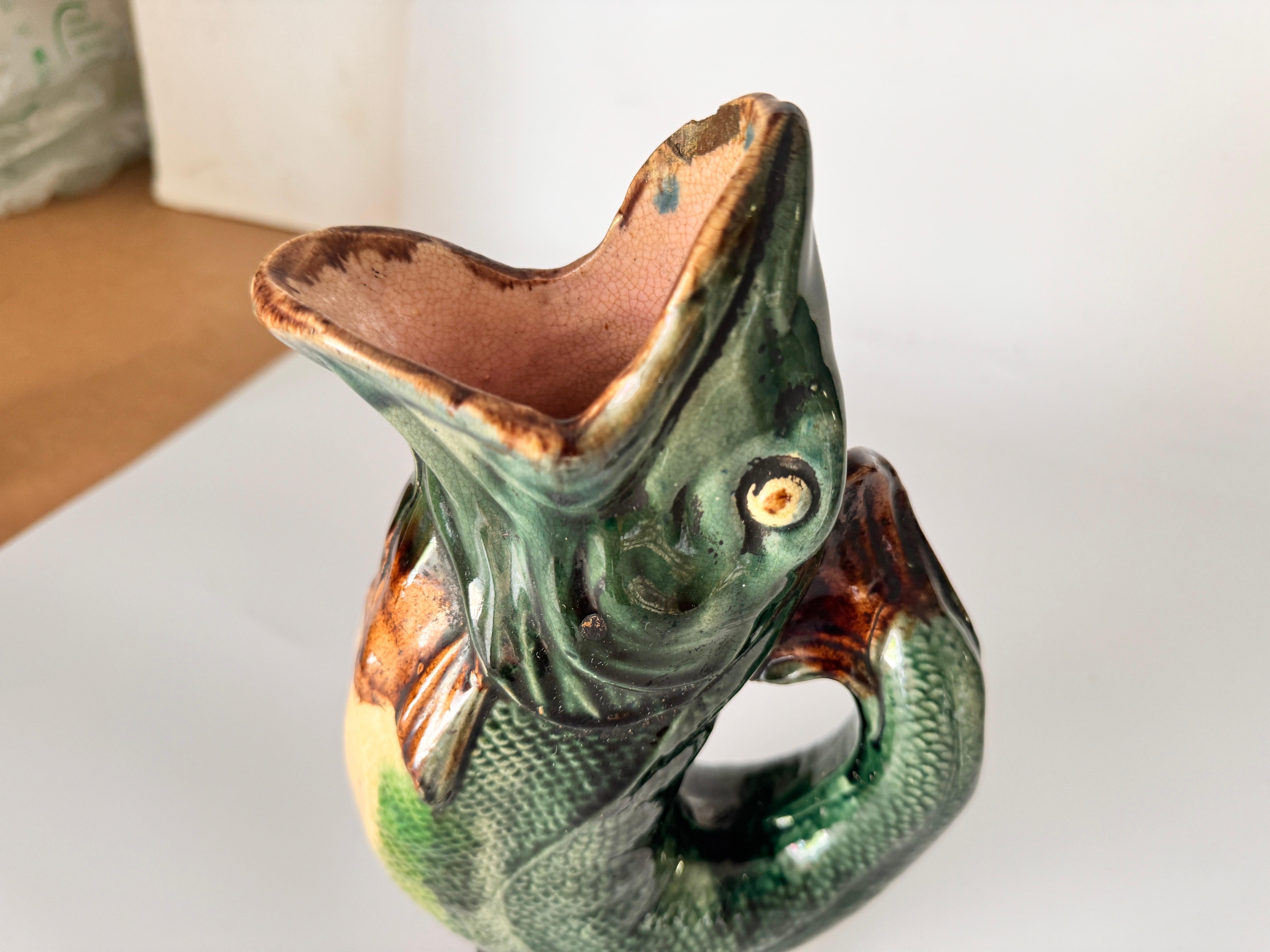Hand-Painted Dartmouth Majolica Gurgling Fish Pitcher Green Brown color England 19th For Sale