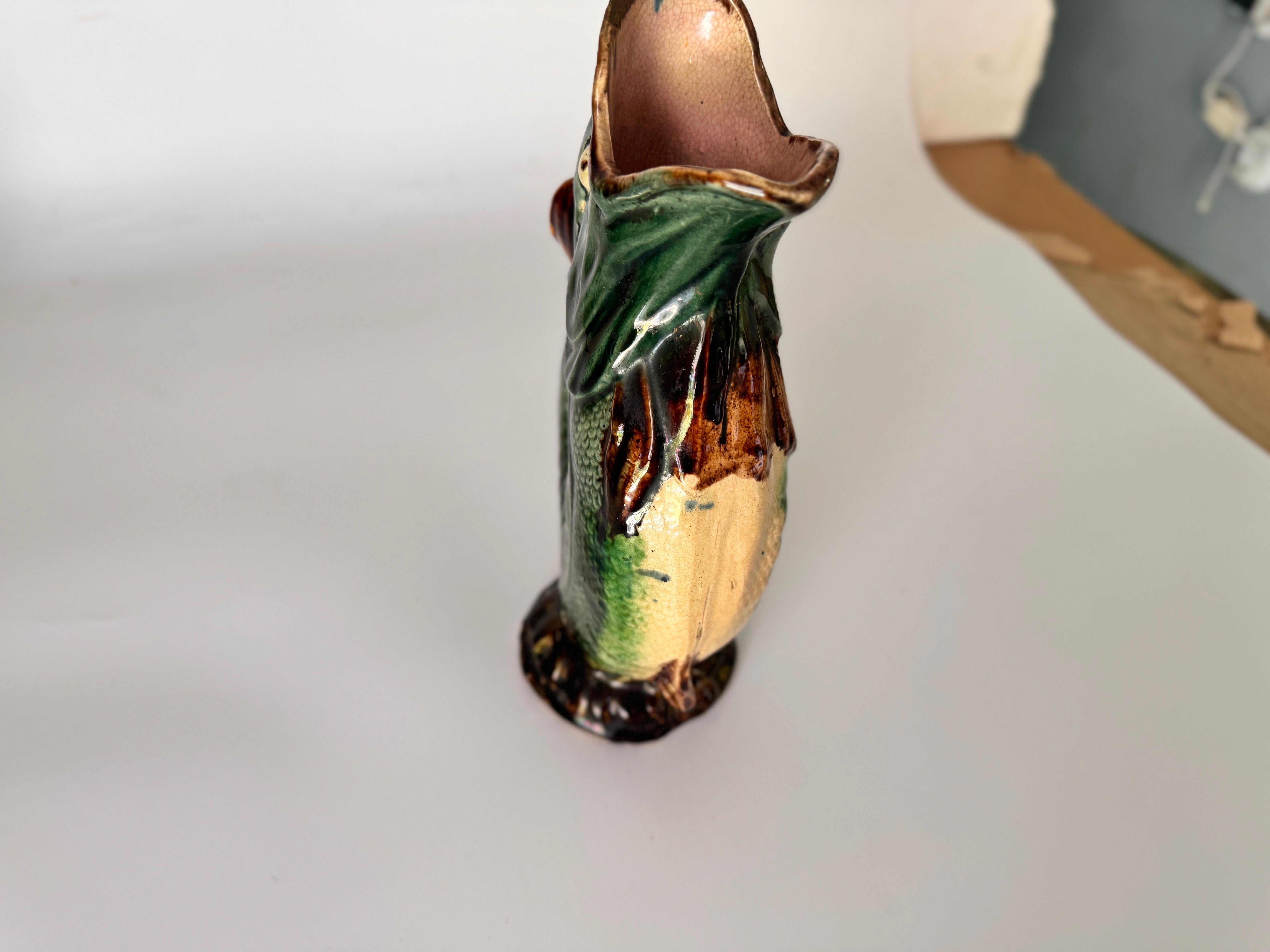 19th Century Dartmouth Majolica Gurgling Fish Pitcher Green Brown color England 19th For Sale