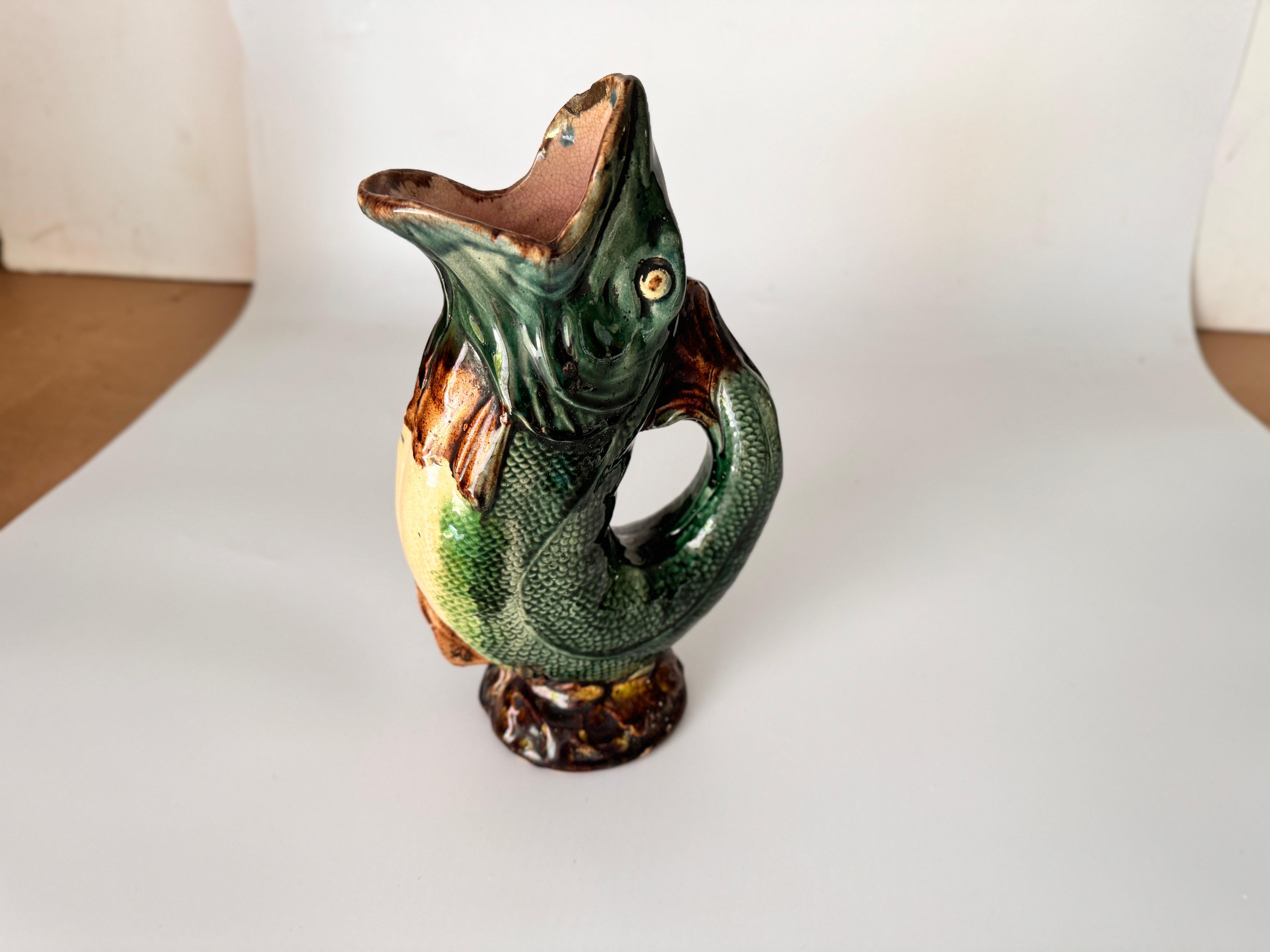 Ceramic Dartmouth Majolica Gurgling Fish Pitcher Green Brown color England 19th For Sale
