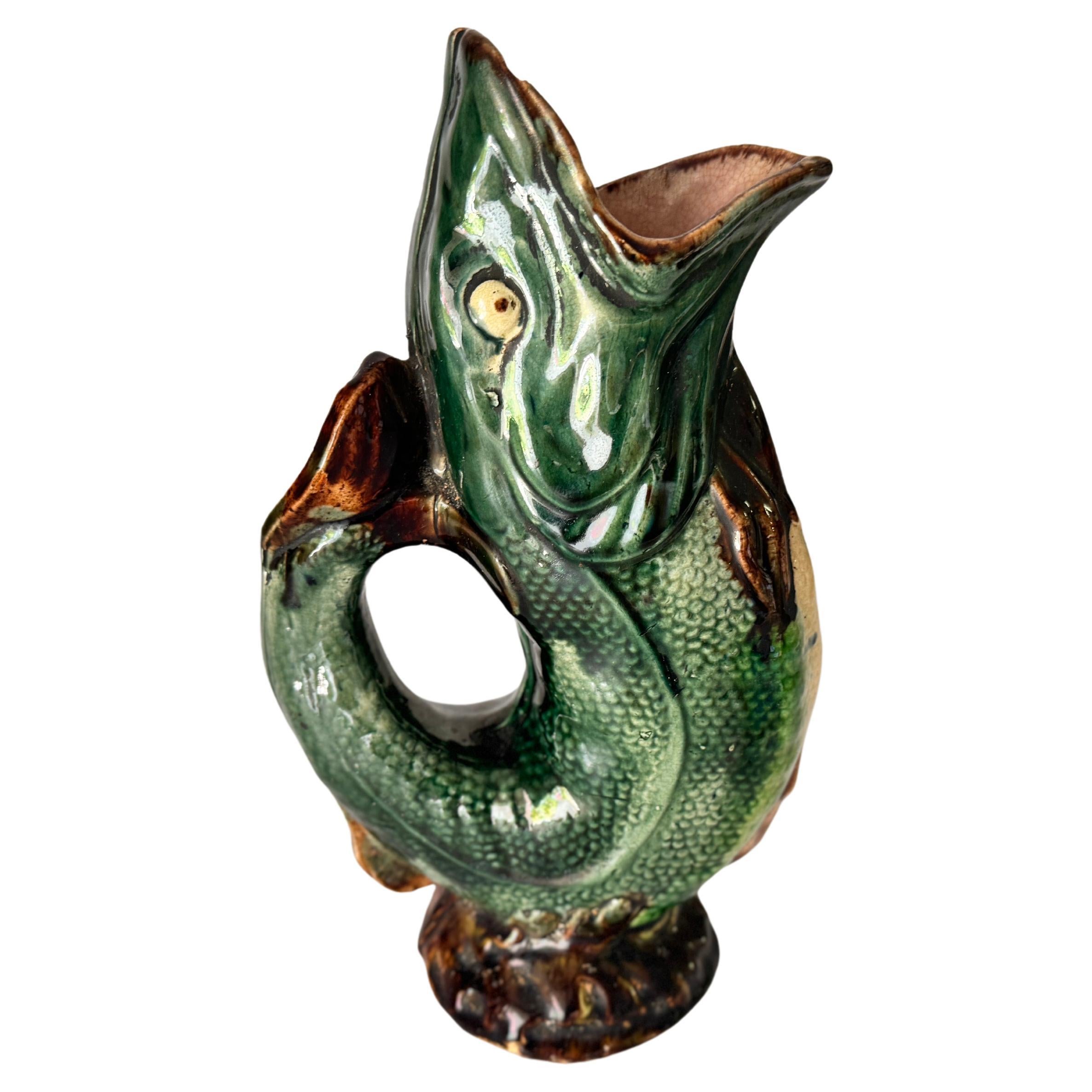 Dartmouth Majolica Gurgling Fish Pitcher Green Brown color England 19th