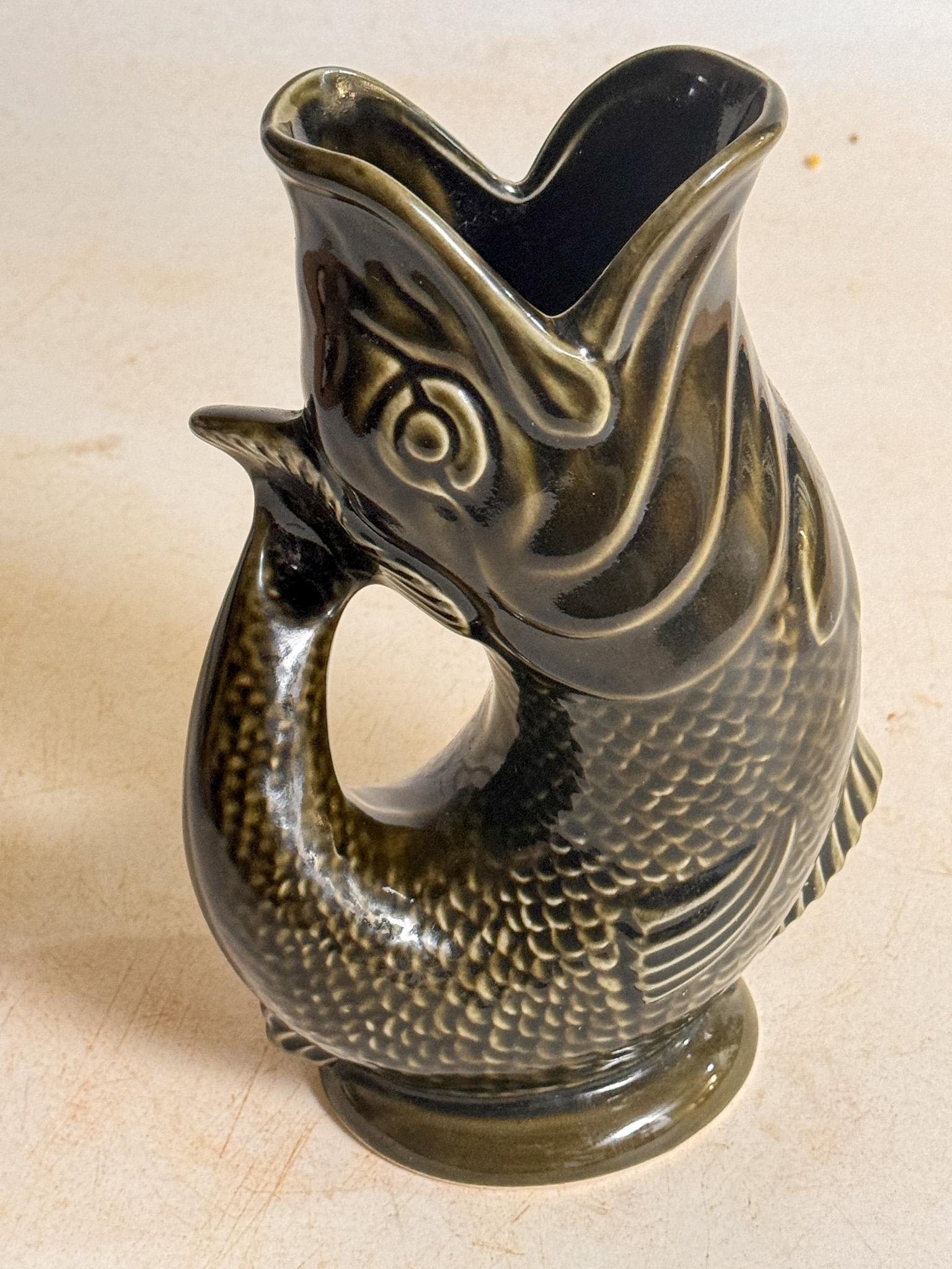 Mid-Century Modern Dartmouth Majolica Gurgling Fish Pitcher Green Grey color England 1950  For Sale