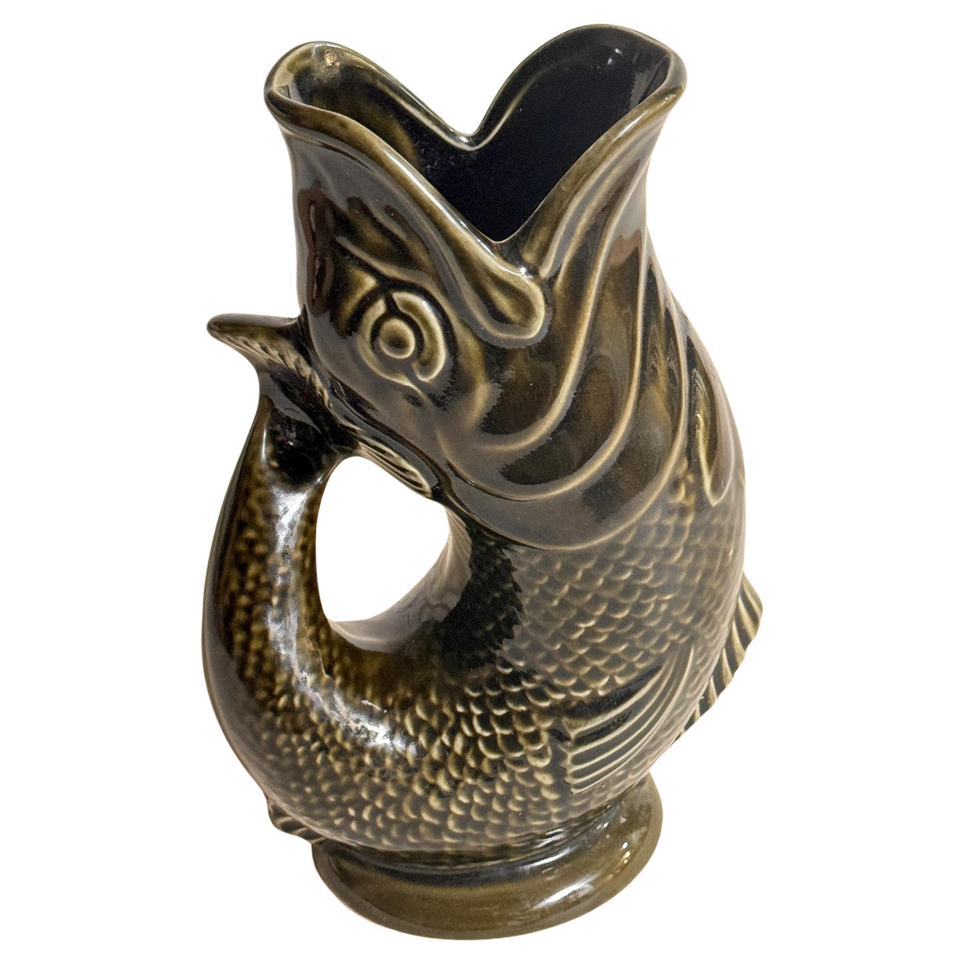 Dartmouth Majolica Gurgling Fish Pitcher Green Grey color England 1950  For Sale
