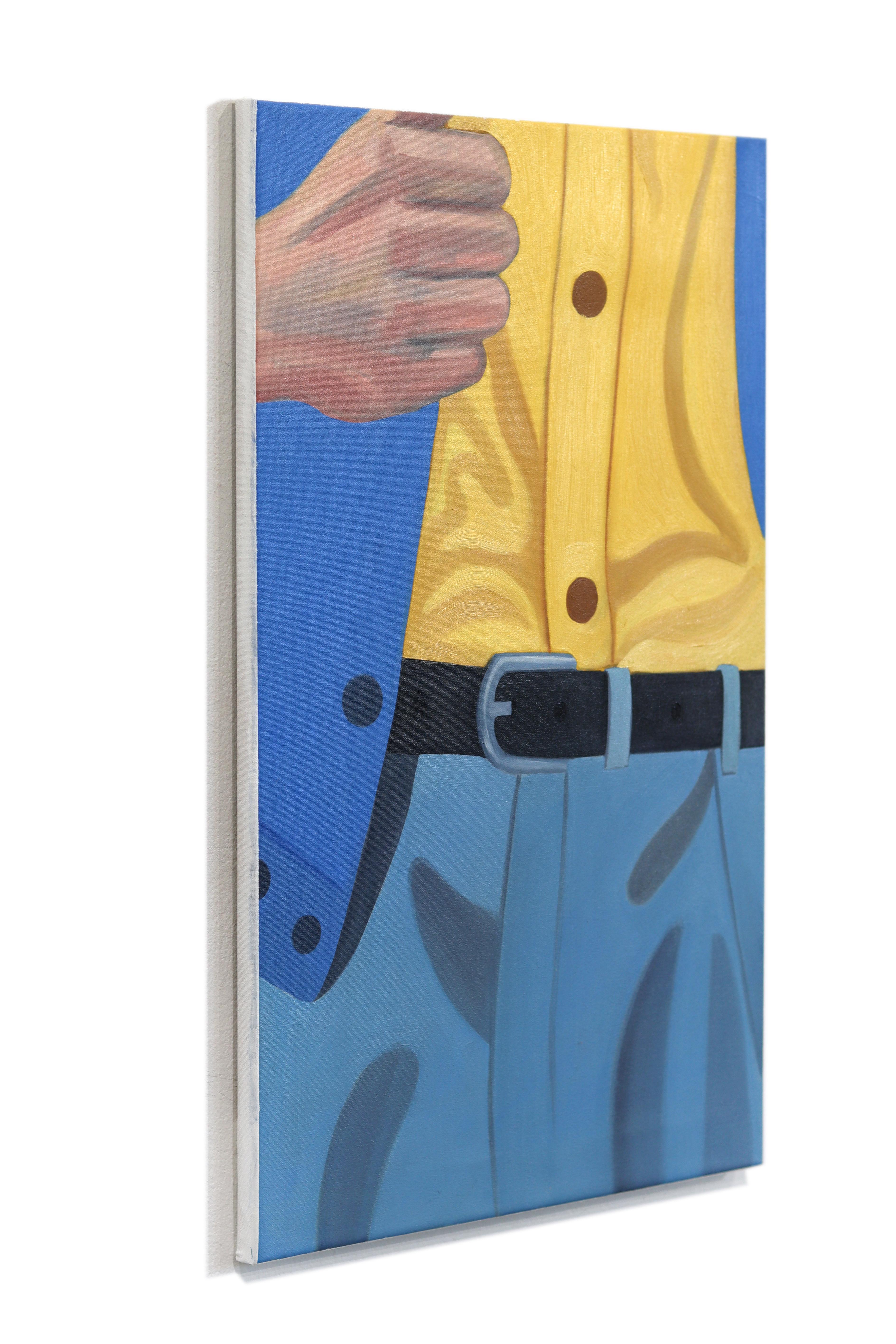 Schwarzer Gürtel - Original farbenfrohes zeitgenössisches figuratives maskulines Modekunstwerk (Blau), Abstract Painting, von Darwin Estacio Martinez