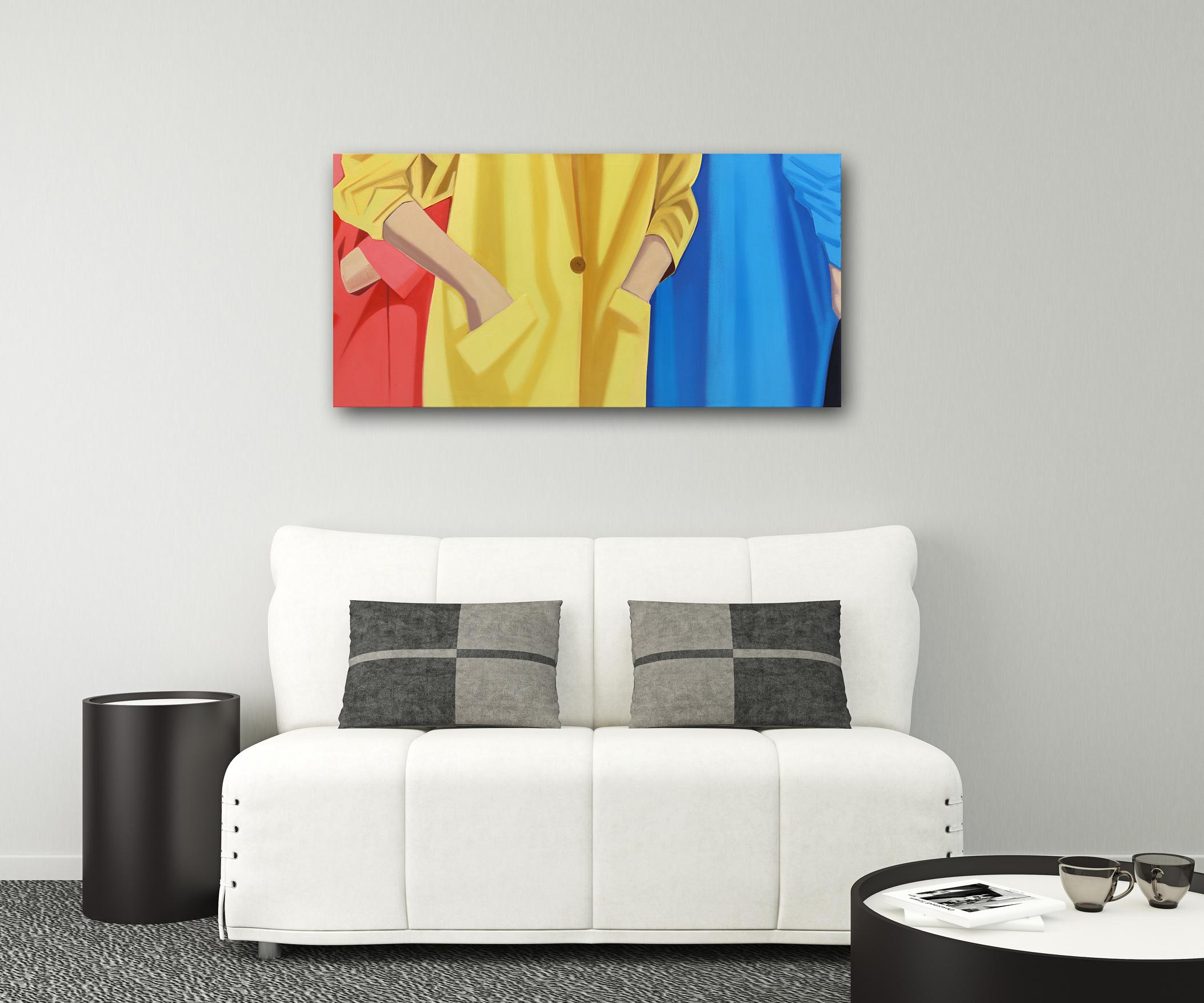 Blau, Gelb und Lachs - farbenfrohes zeitgenössisches figuratives Mode-Ölgemälde – Painting von Darwin Estacio Martinez