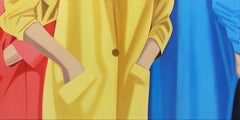Bleu, jaune et saumon - Peinture à l'huile contemporaine colorée de mode figurative