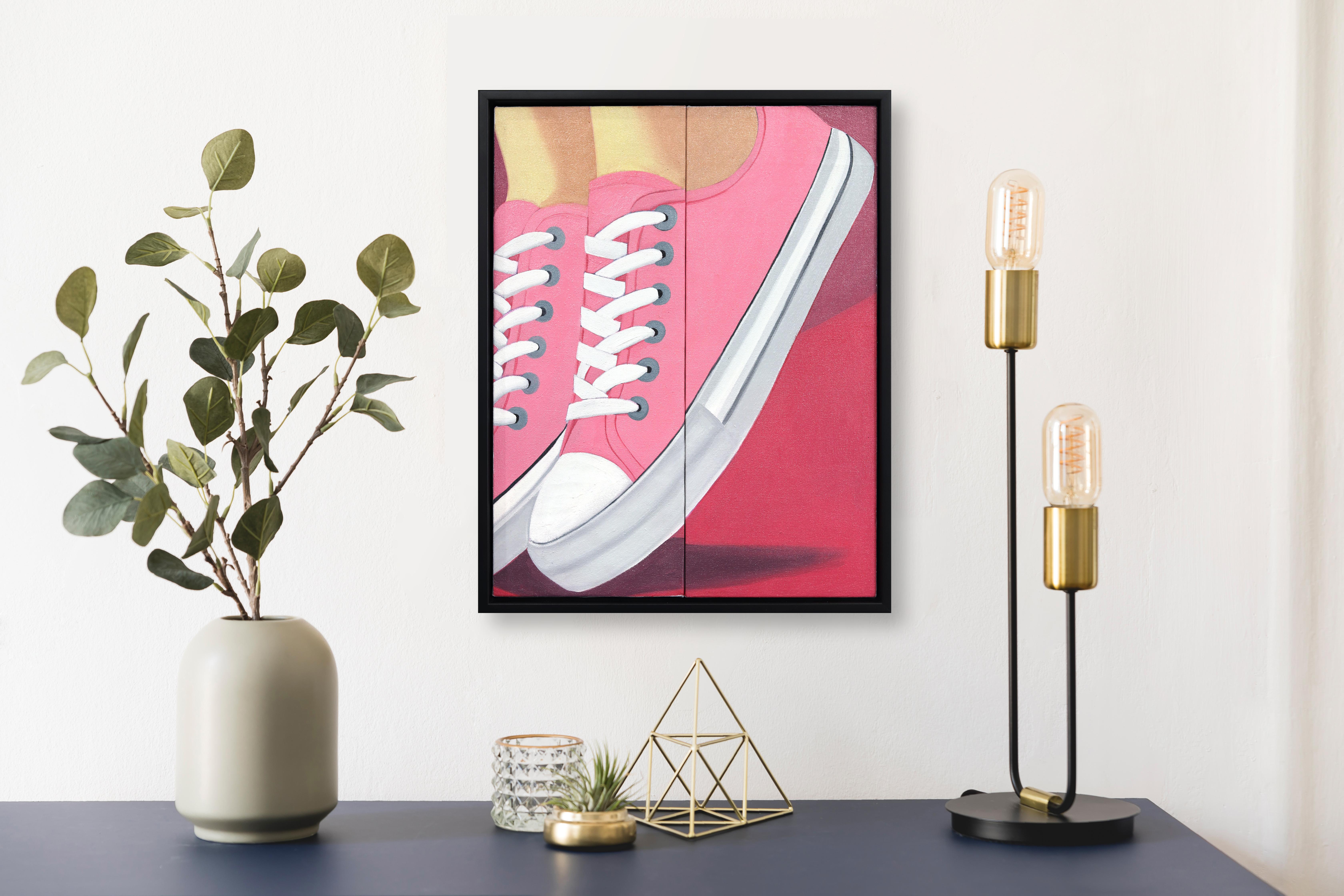 Chaussures de tennis - Diptyque encadré d'œuvres d'art contemporaines Figuratives roses de chaussures de mode - Painting de Darwin Estacio Martinez