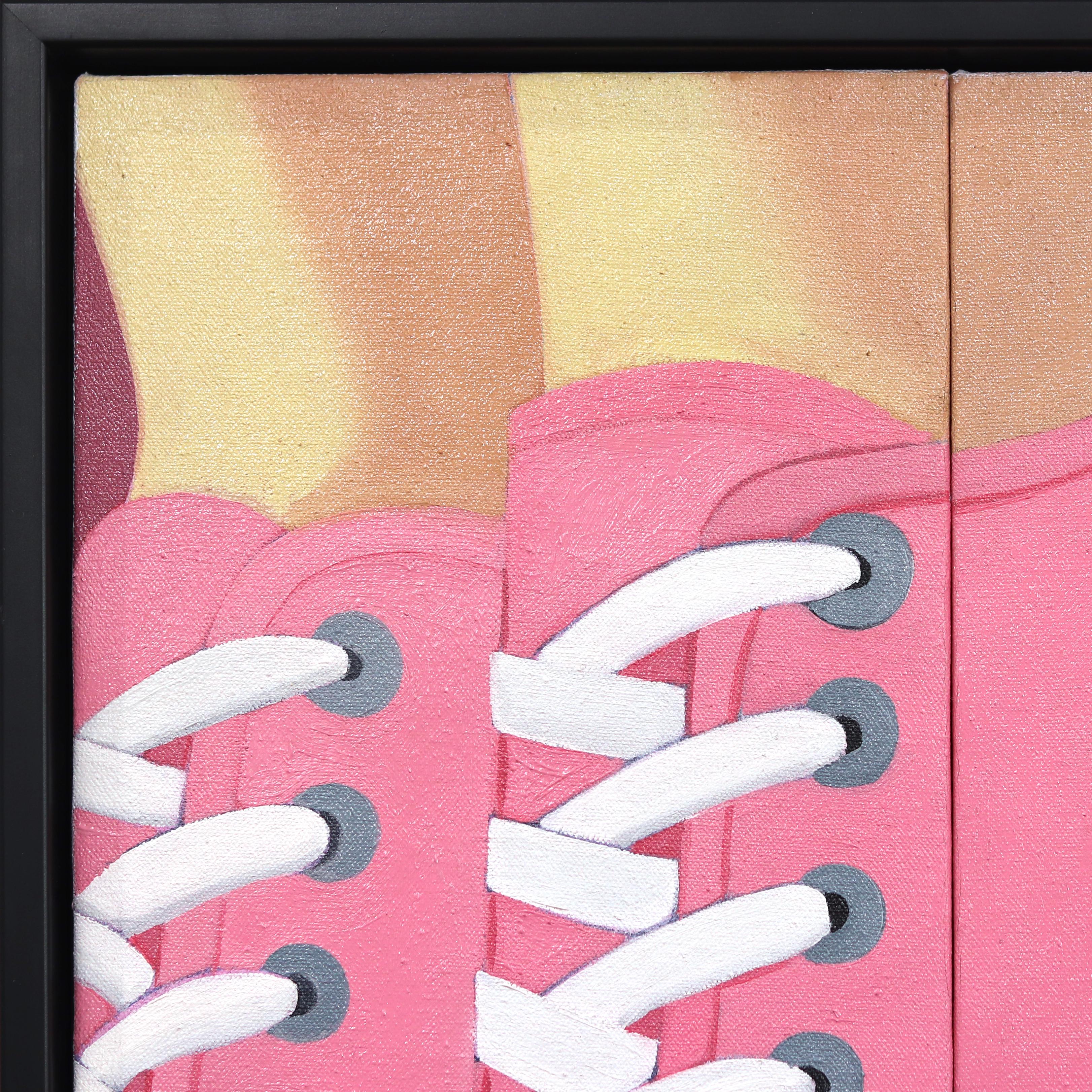 Chaussures de tennis - Diptyque encadré d'œuvres d'art contemporaines Figuratives roses de chaussures de mode en vente 3