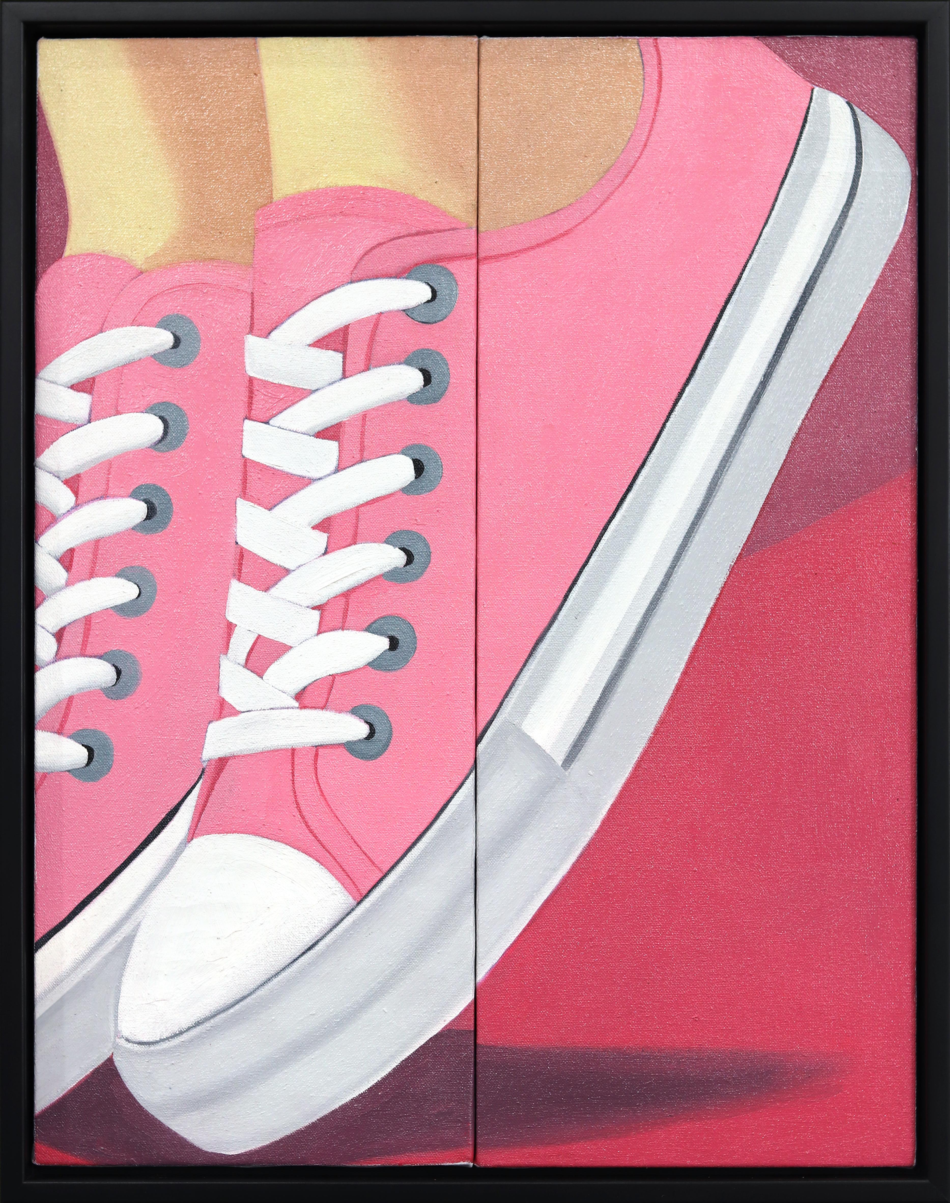 Figurative Painting Darwin Estacio Martinez - Chaussures de tennis - Diptyque encadré d'œuvres d'art contemporaines Figuratives roses de chaussures de mode
