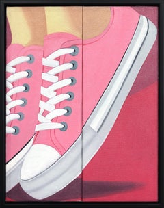 Tennis Shoes - Framed Contemporary Pink Figurative Fashion Shoes Diptych Artwork