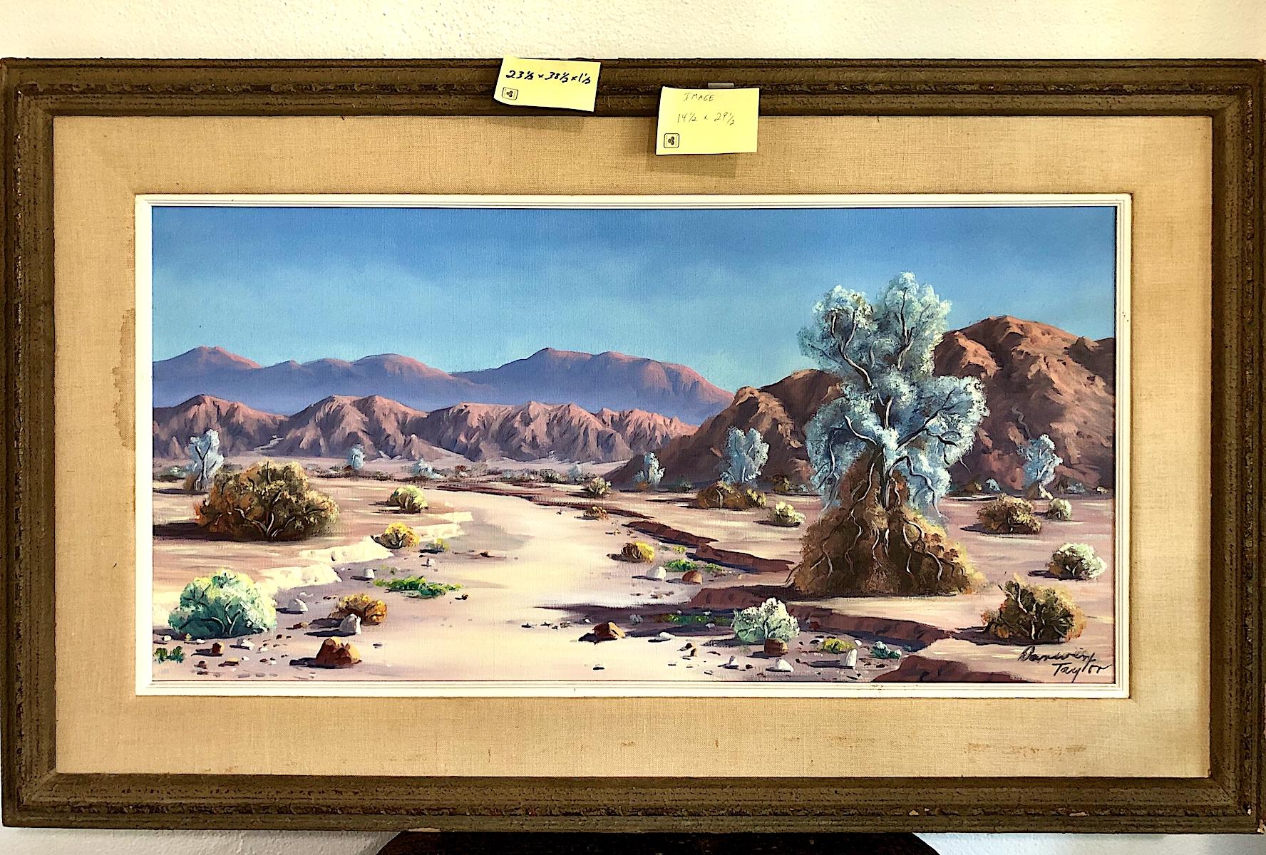 Paysage désertique avec arbres à fumée - Gris Landscape Painting par Darwin Y. Taylor