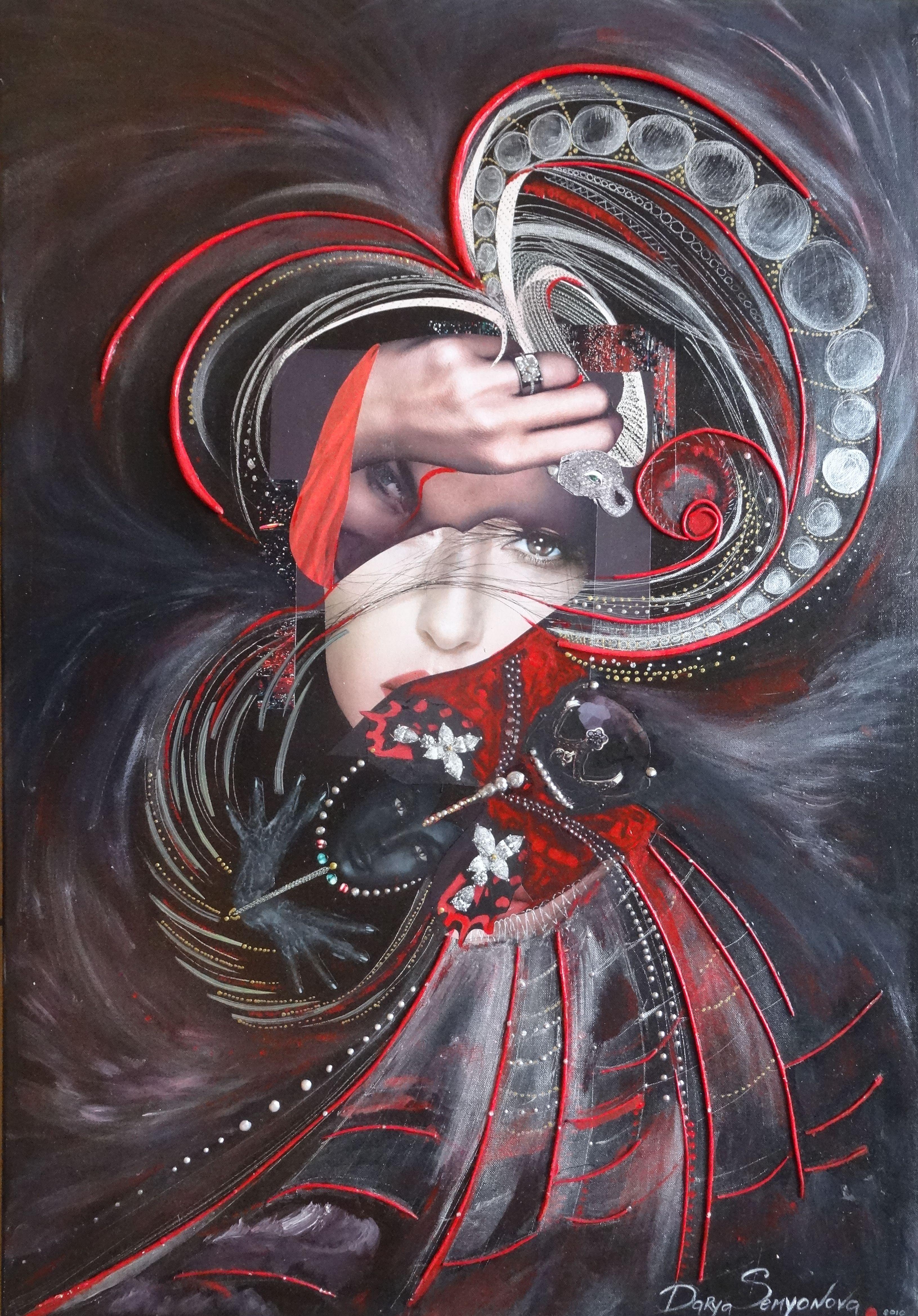 Darya Semyonova Portrait Painting - Fantasy. 2010. Mixed media, collage on canvas, 100x70 cm