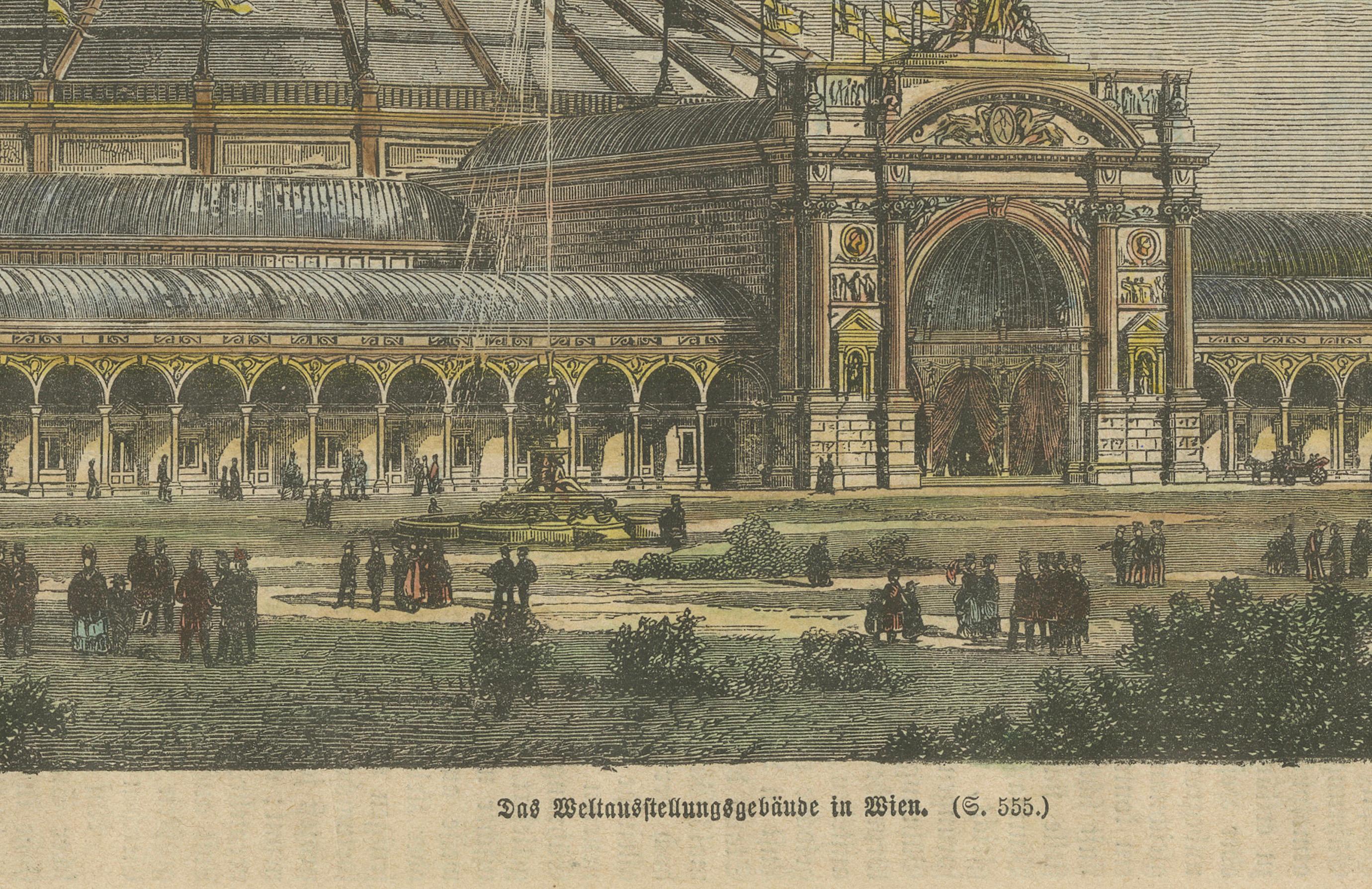 Das Weltausstellungsgebäude in Wien - Le hall d'exposition de Vienne, 1873

Gravure du XIXe siècle finement colorée à la main représentant le grand Weltausstellungsgebäude (hall d'exposition universelle) de Vienne, construit pour la Wiener