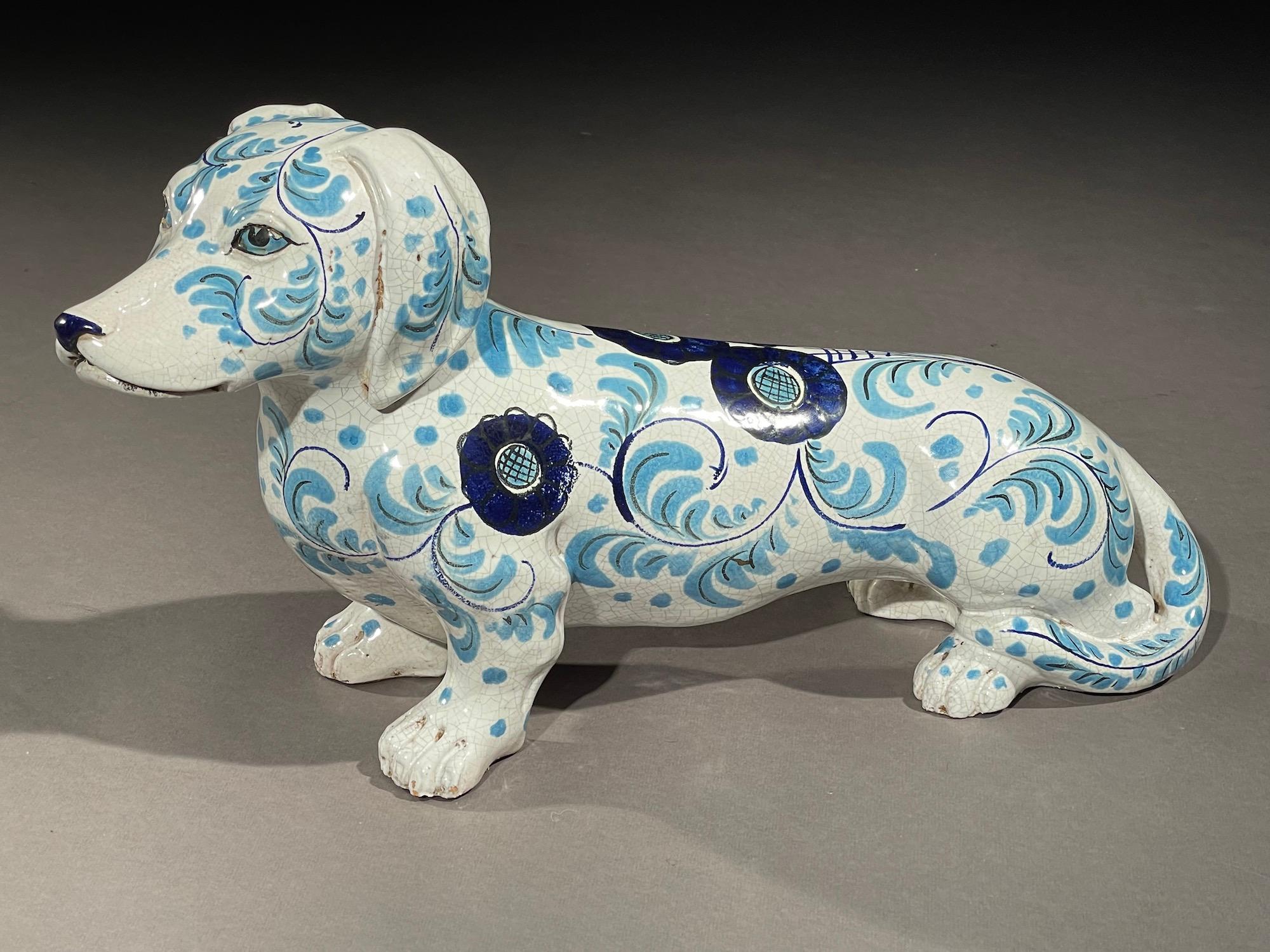 Mid-Century Modern Daschund Ceramic Blue & White Vintage Life Size Sculpture Garden For Sale