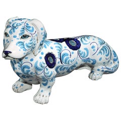Daschund Ceramic Blue & White Vintage Life Size Sculpture Garden