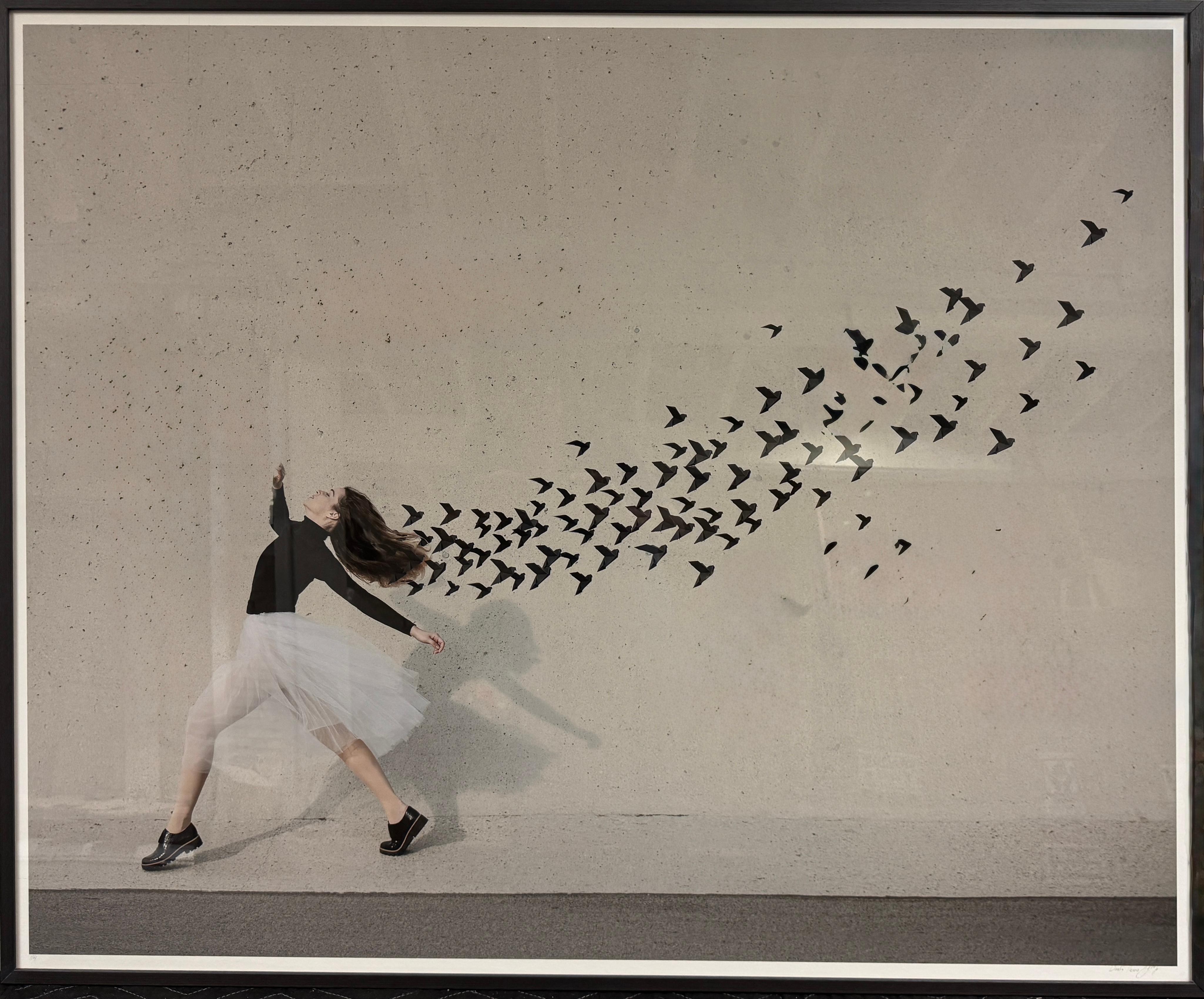 This is a limited edition photograph 1/4. This surrealist portrait uses a minimalist neutral timeless palette of mostly black and white. The model is in mid flight as she dances through life. Hand-made origami birds trail behind her. This color