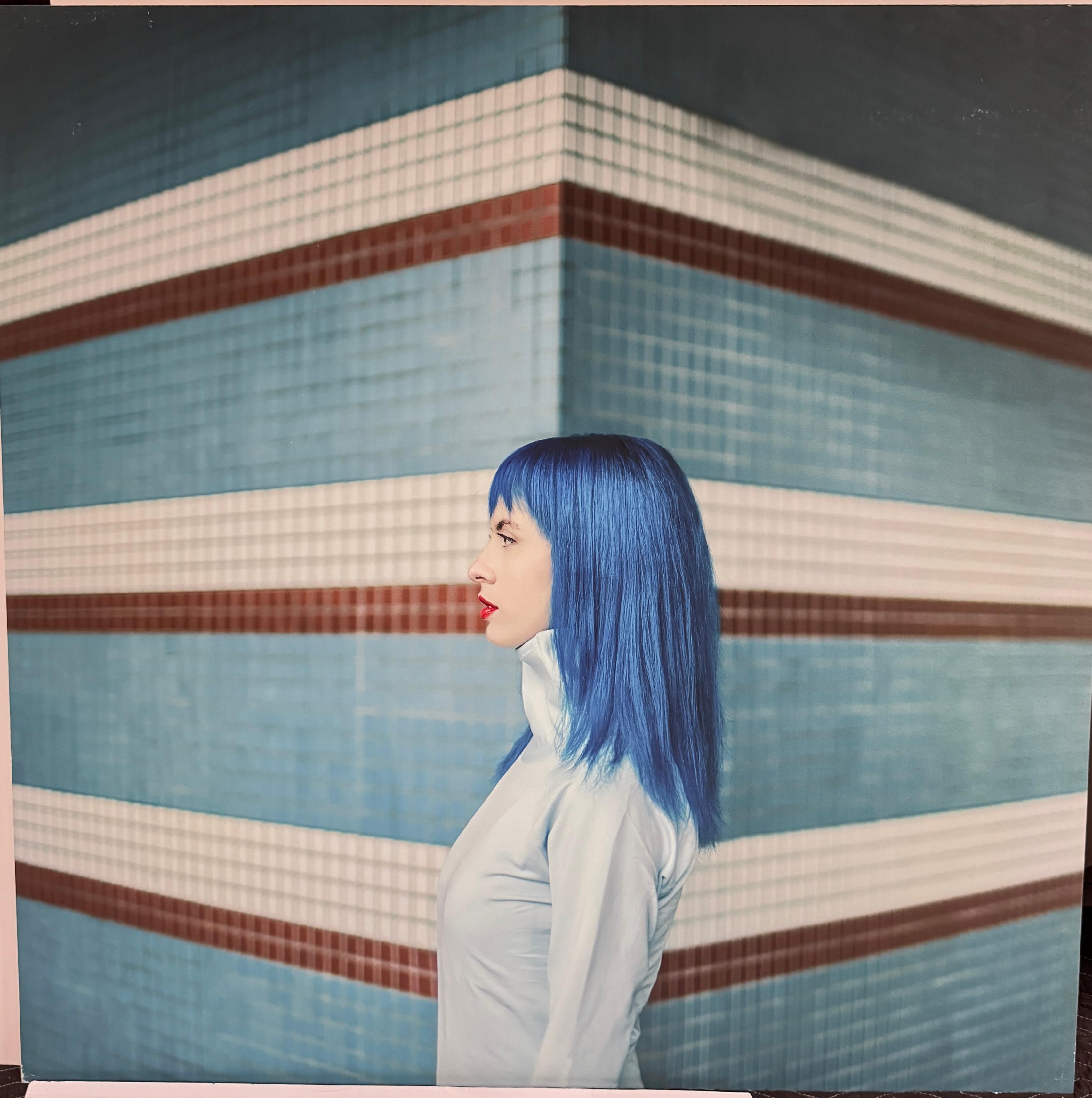 Color Photograph, Woman's Portrait in Profile in Blues with Red Stripes, 2018 For Sale 2