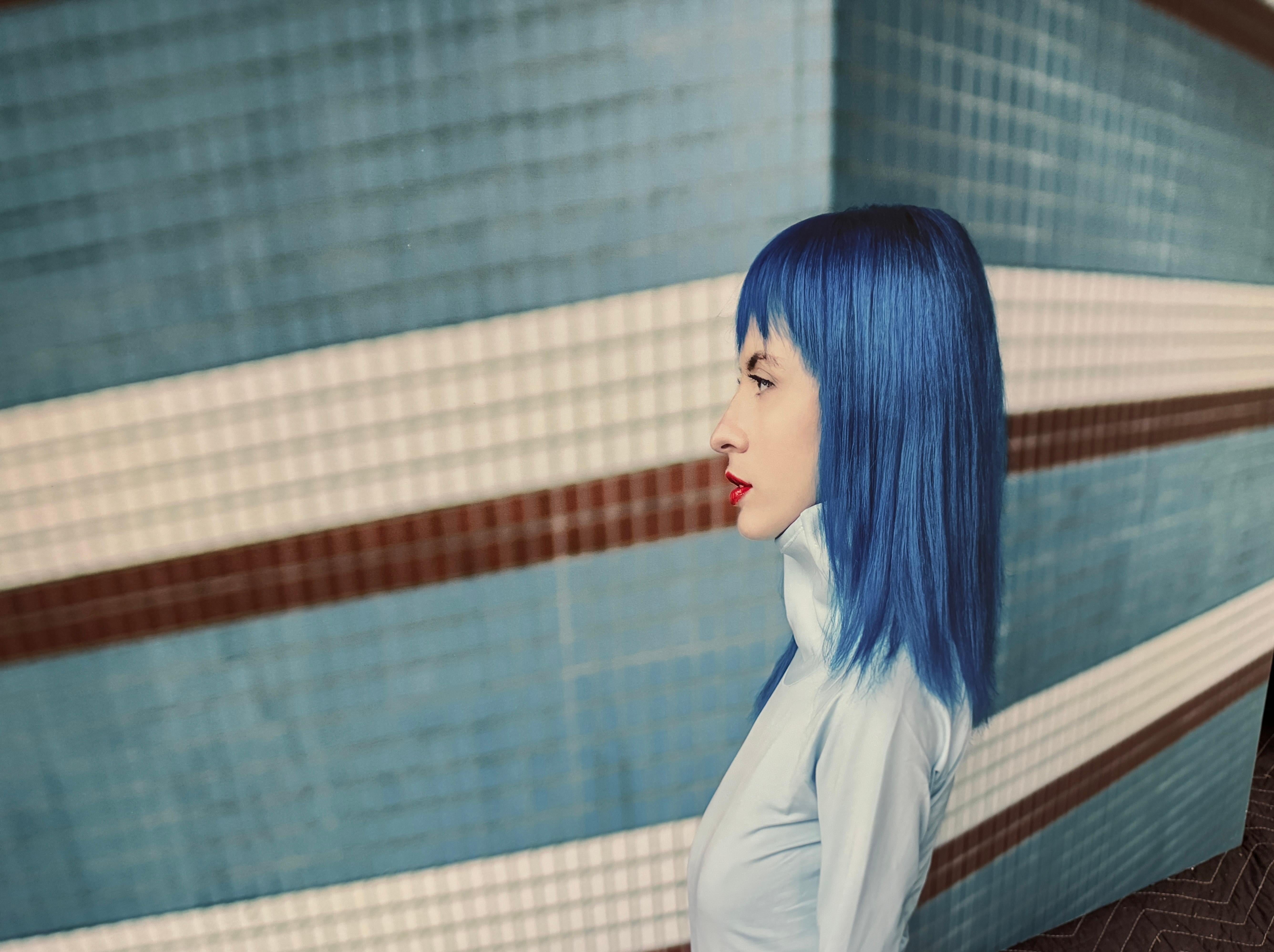 Color Photograph, Woman's Portrait in Profile in Blues with Red Stripes, 2018 For Sale 3