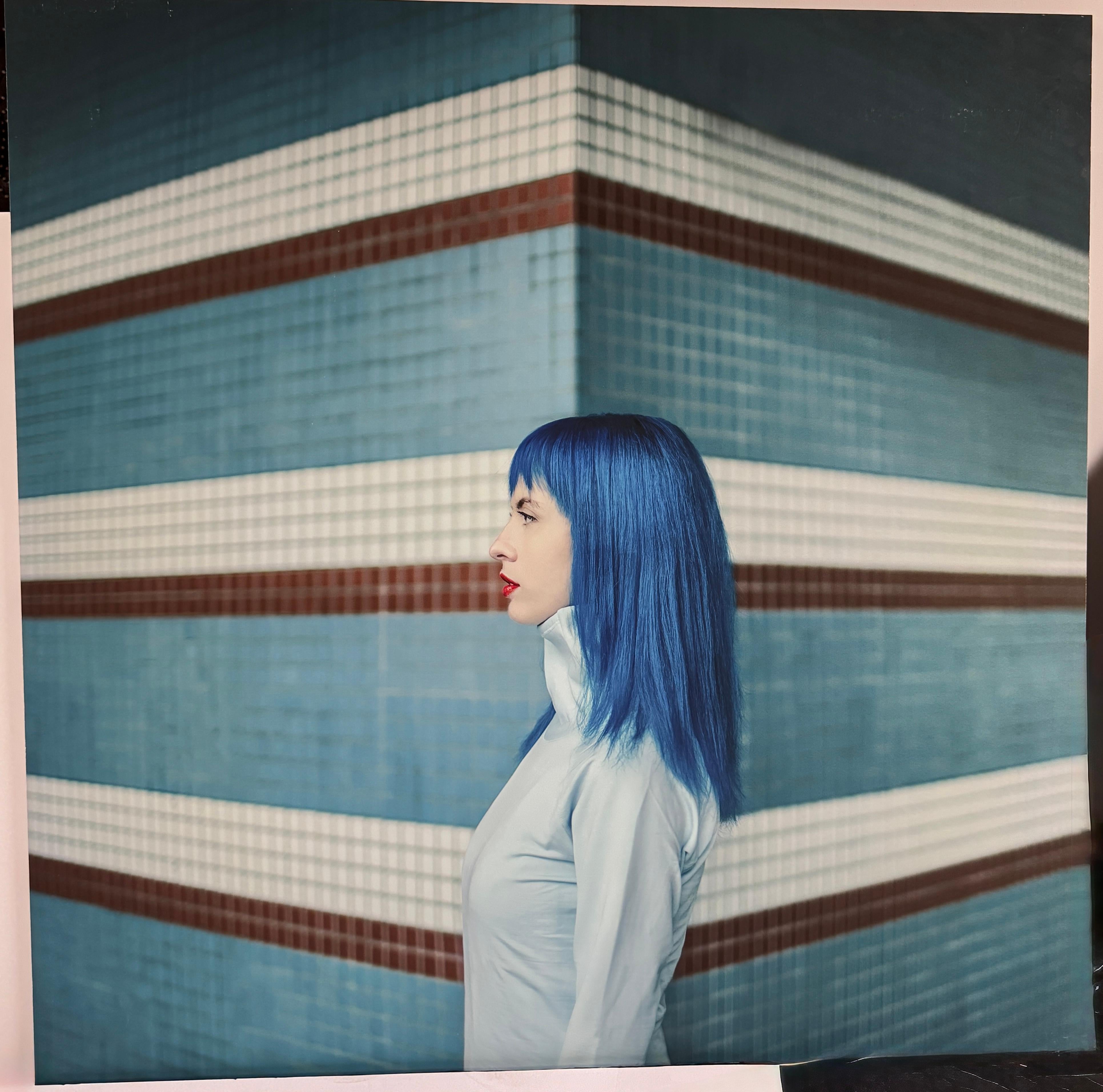 Color Photograph, Woman's Portrait in Profile in Blues with Red Stripes, 2018 For Sale 6