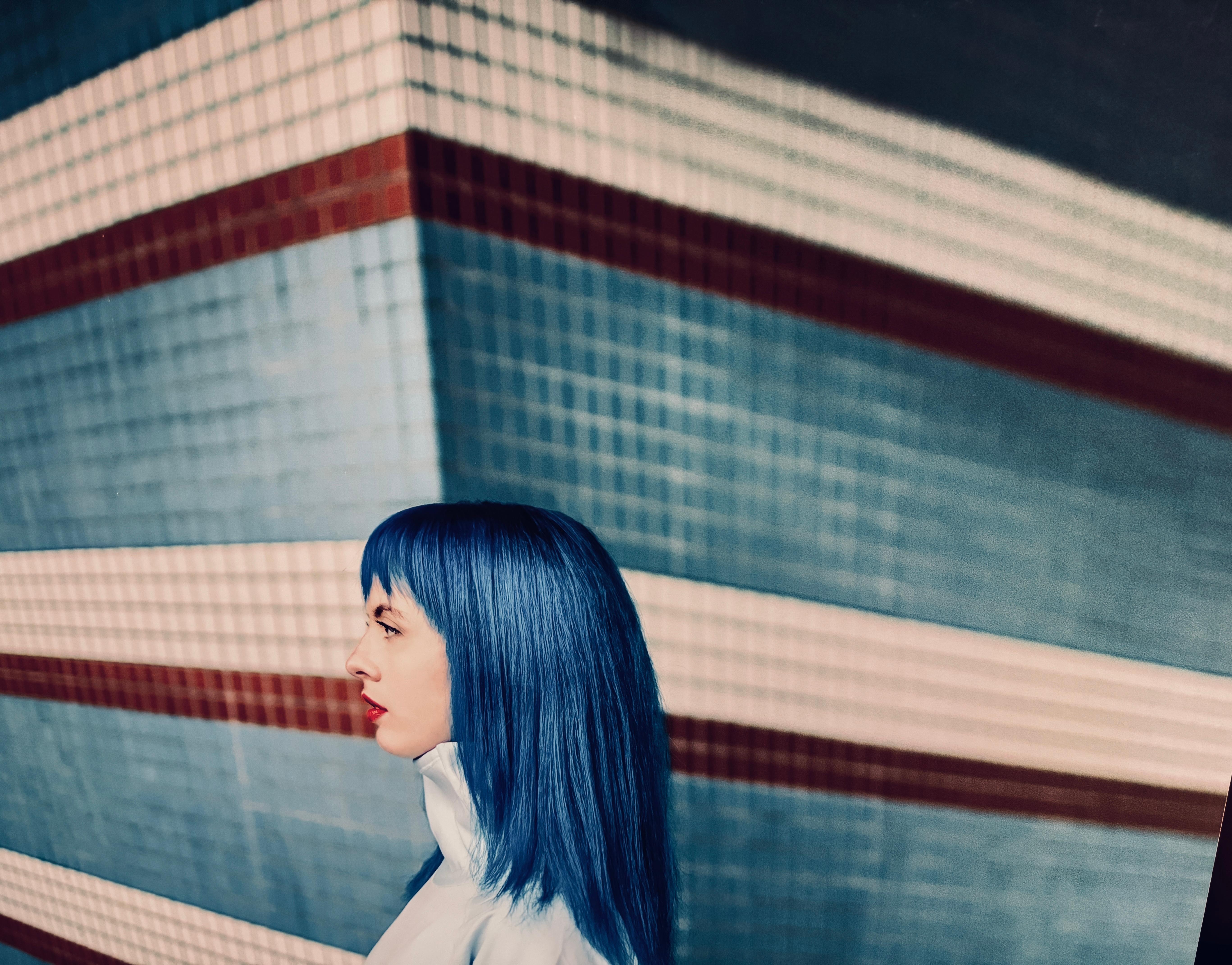 Color Photograph, Woman's Portrait in Profile in Blues with Red Stripes, 2018 For Sale 7