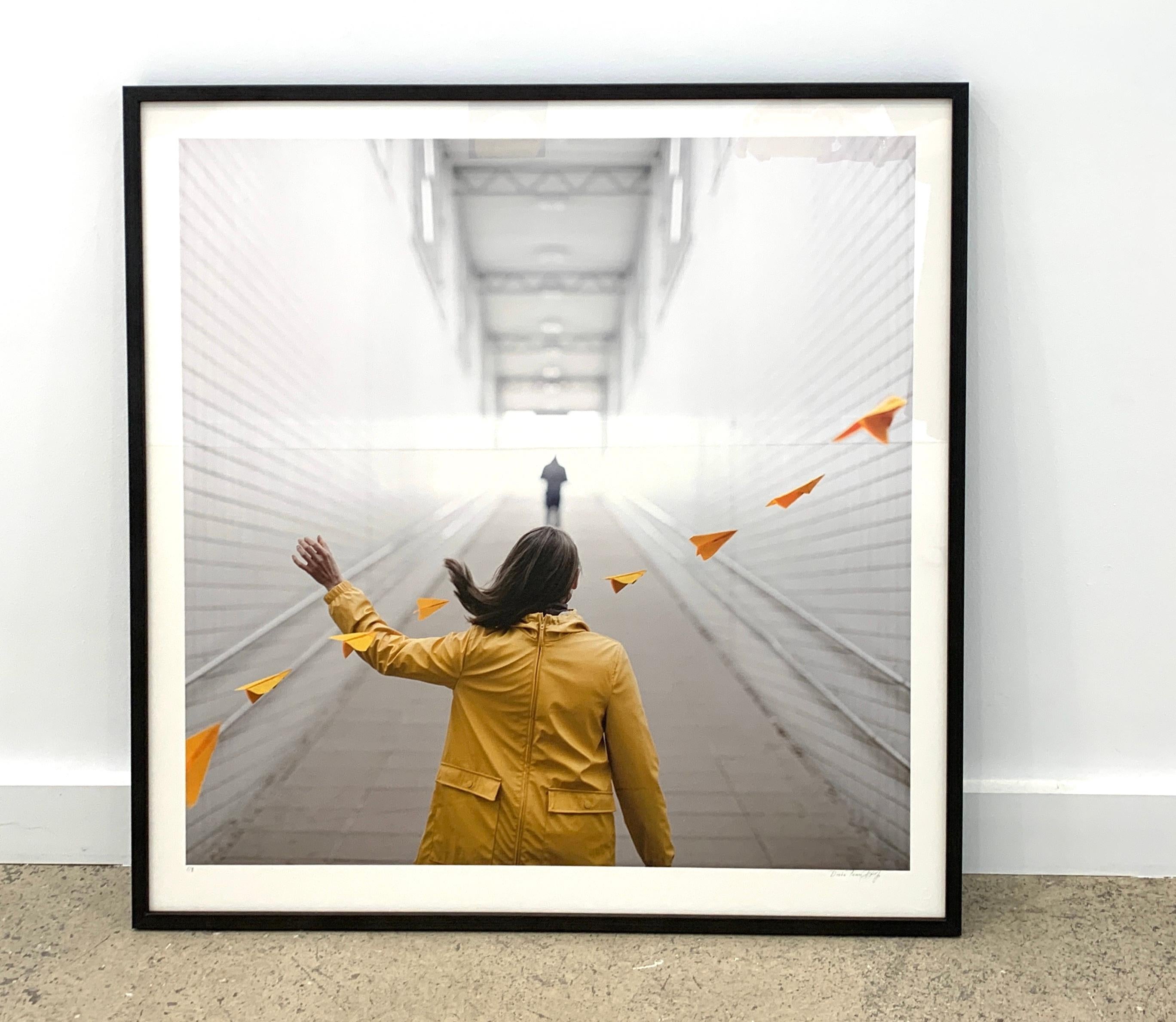 Medium Framed Limited Edition Yellow Surrealist Photograph w origami and woman - Gray Color Photograph by Dasha Pears