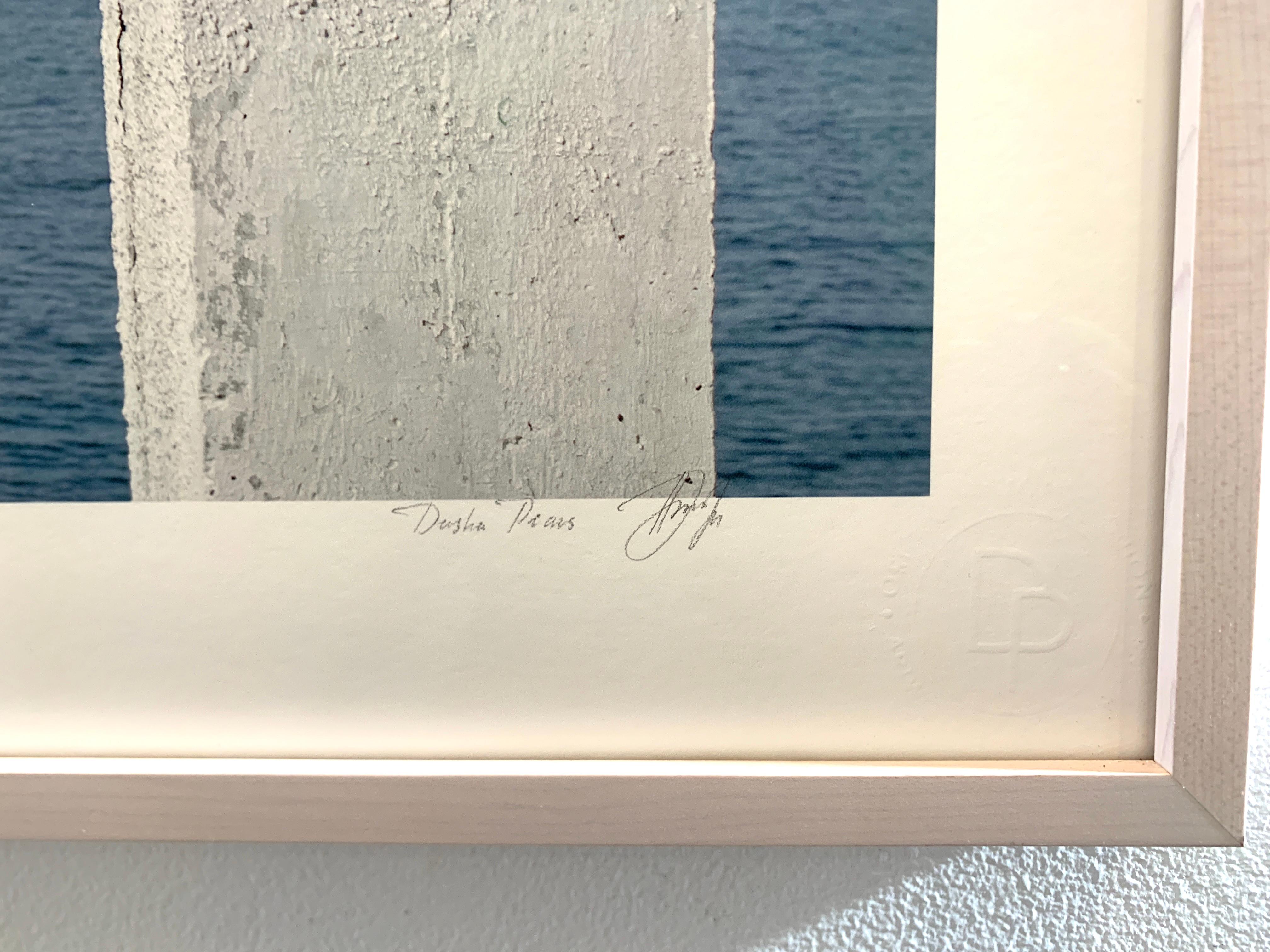 Framed Color Photograph: Woman at blue ocean w/ white arches looking at horizon For Sale 4