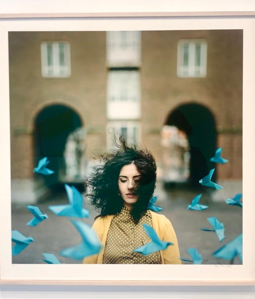 Framed Limited Edition Photograph Woman in yellow w turquoise origami birds - Green Color Photograph by Dasha Pears