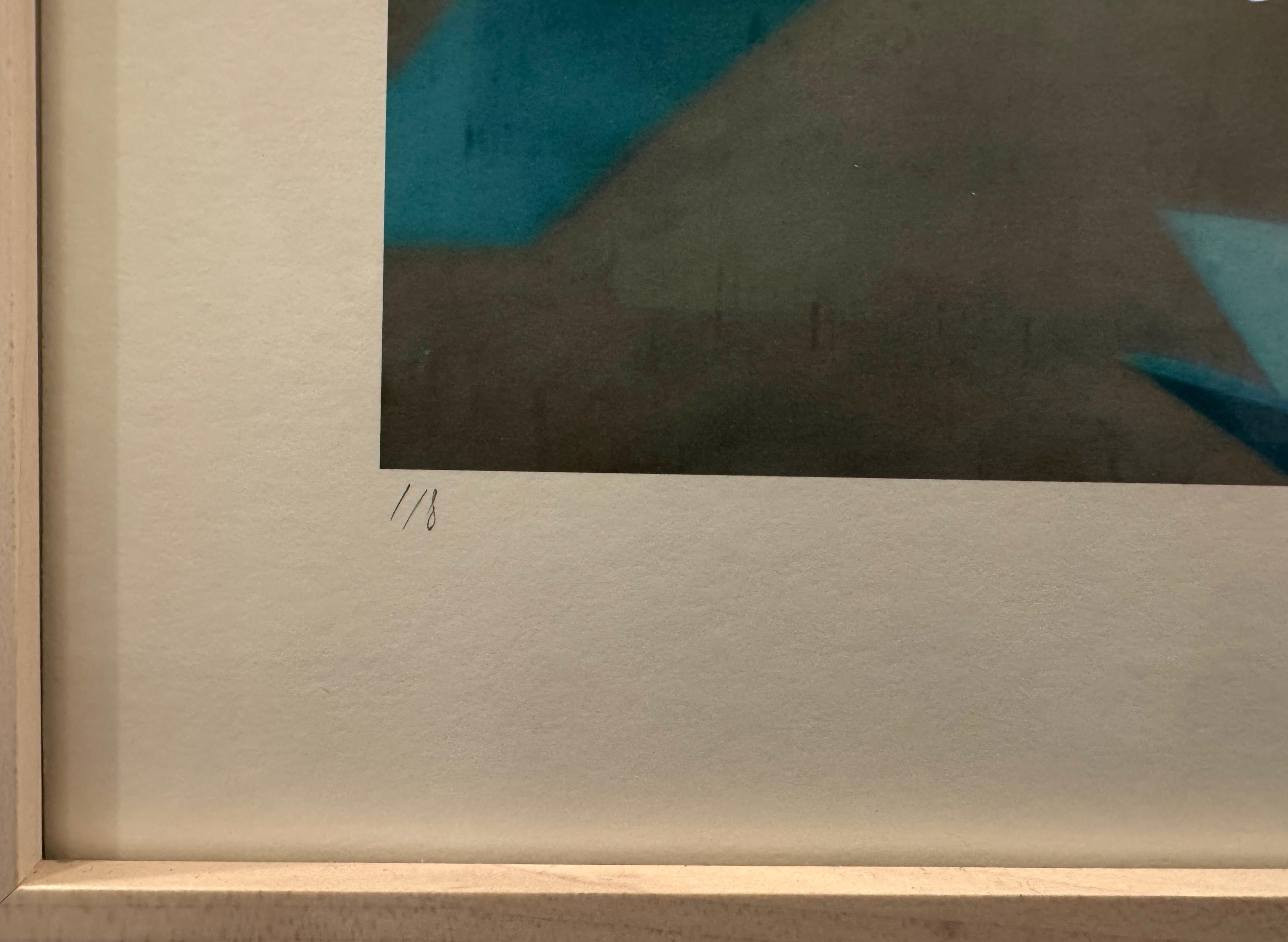 Turquoise origami birds circle around a woman in this surrealist realistic color photograph that manages to remain minimalist and clean in composition. This is a limited edition color photograph. Number 1 of 8 is currently available, framed in