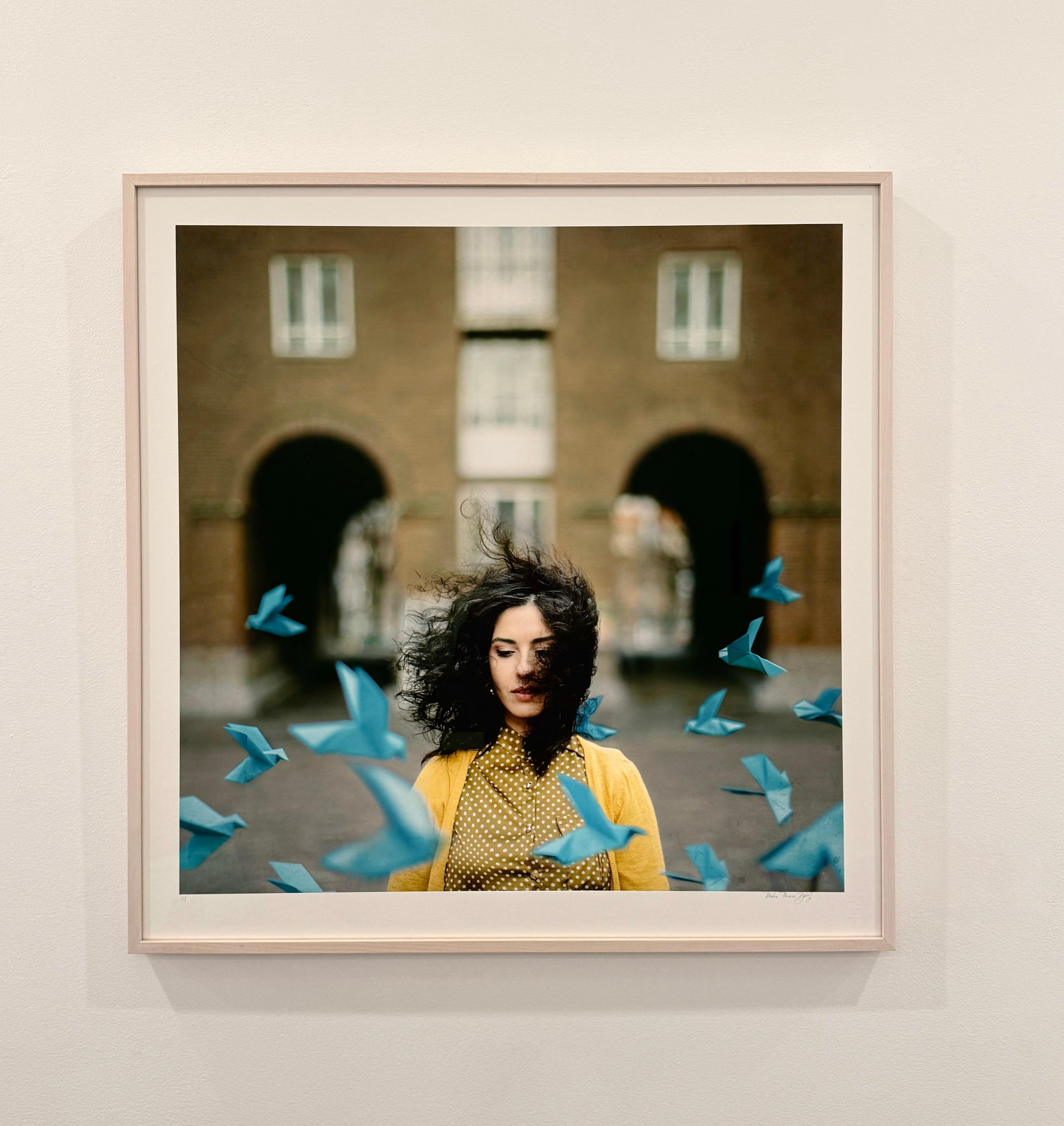 Framed Limited Edition Photograph Woman in yellow w turquoise origami birds For Sale 3