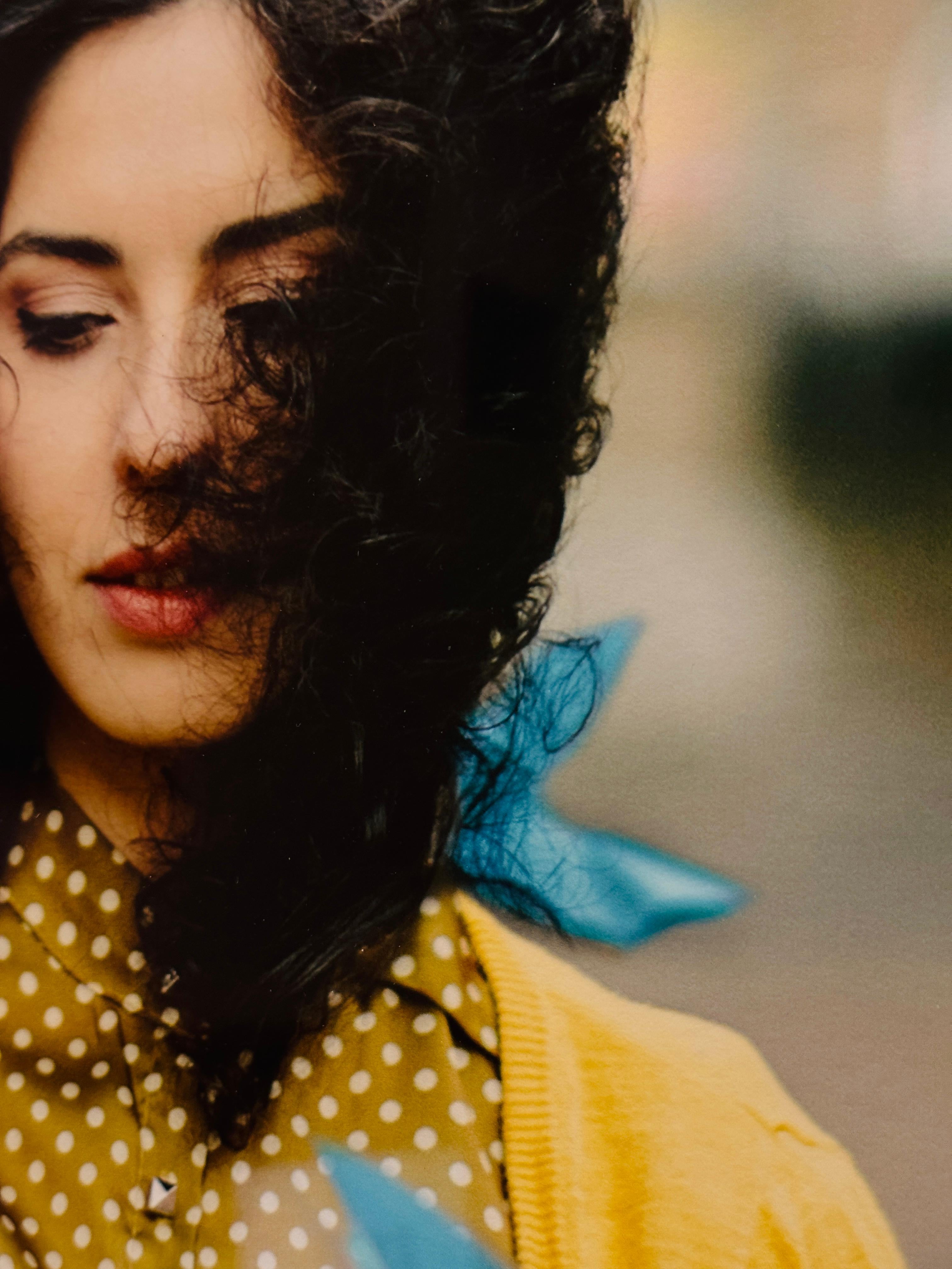 Framed Limited Edition Photograph Woman in yellow w turquoise origami birds For Sale 4