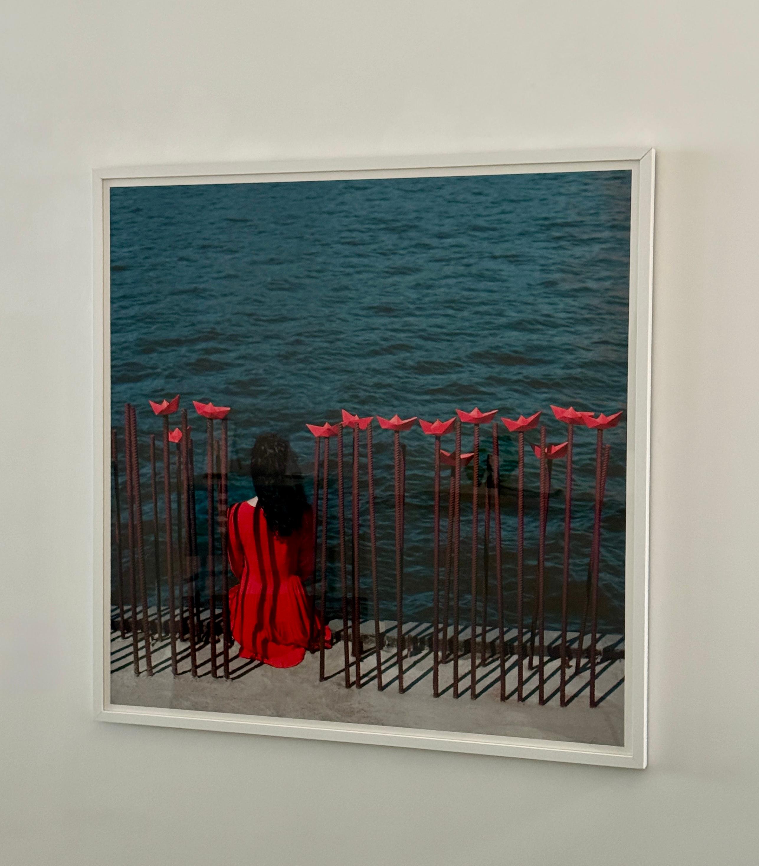 Color Photograph, Large Framed Limited Edition Seascape w/ Woman in Red For Sale 2