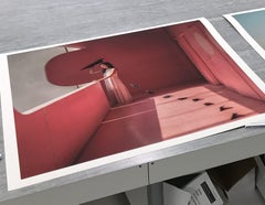 Color Photograph, Woman in Pink Architecture, Surrealist, Black Origami Planes