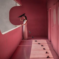 Gerahmte Farbfotografie Frau in rosa Architektur mit Origami, gerahmt