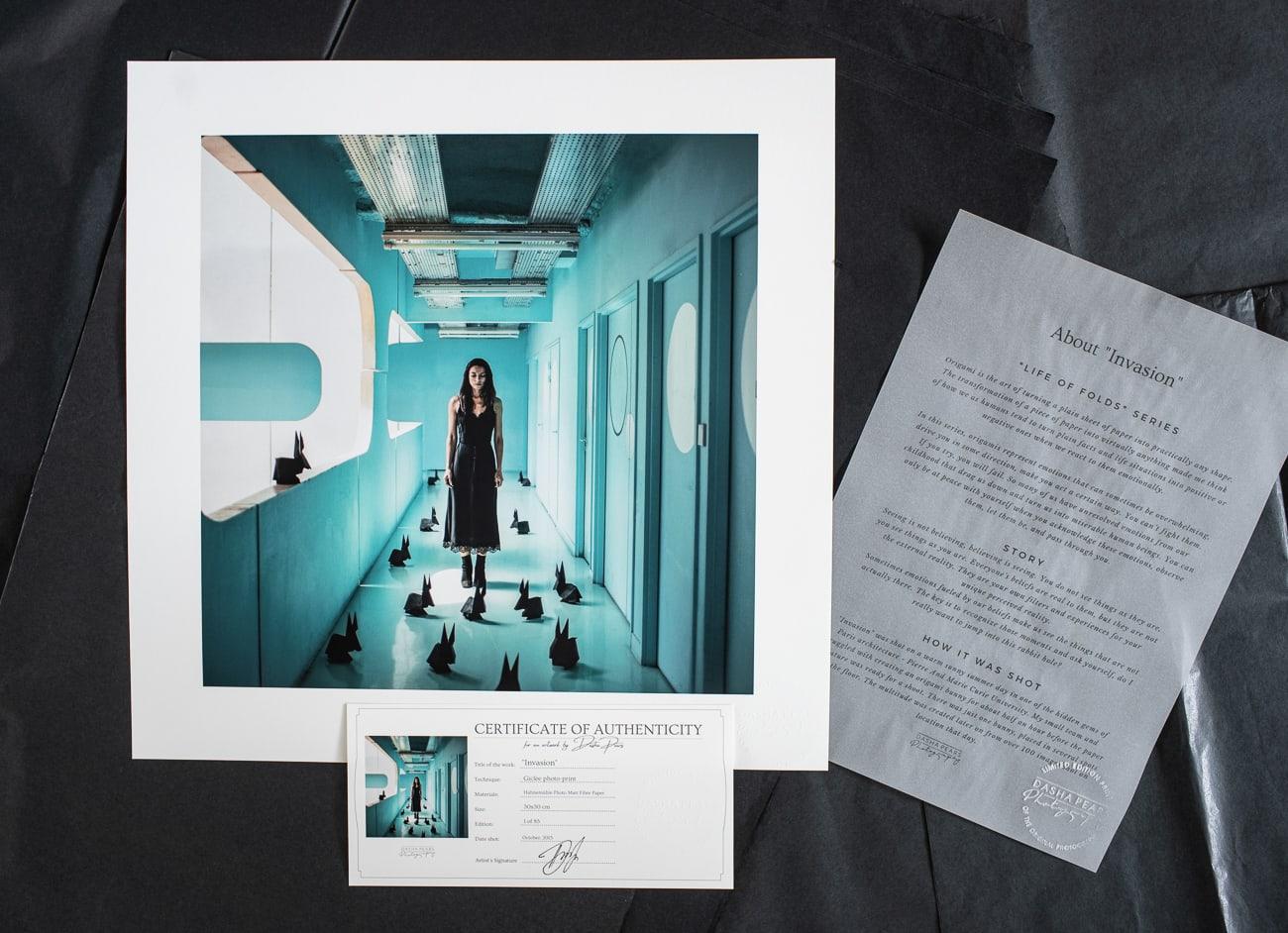 Cette composition géométrique turquoise crée un mouvement avec des lapins en origami noirs entourant une femme en noir. Ce film a été tourné à Paris. Il s'agit d'une photographie couleur en édition limitée. Le numéro 1 sur 12 est disponible, encadré