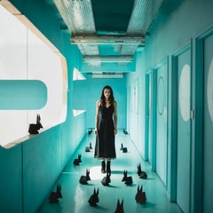 Small Framed Color Photograph Woman in Turquoise Architecture w. origami bunnies