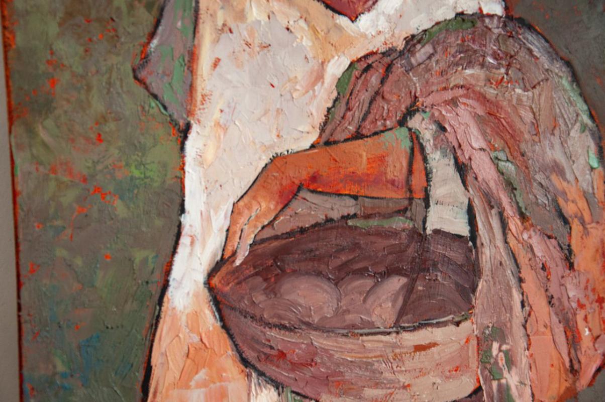 SOLA ENTRE ARBUSTOS DE ROSAS - PINTURA FIGURATIVA DE MUJER SOBRE LIENZO 3