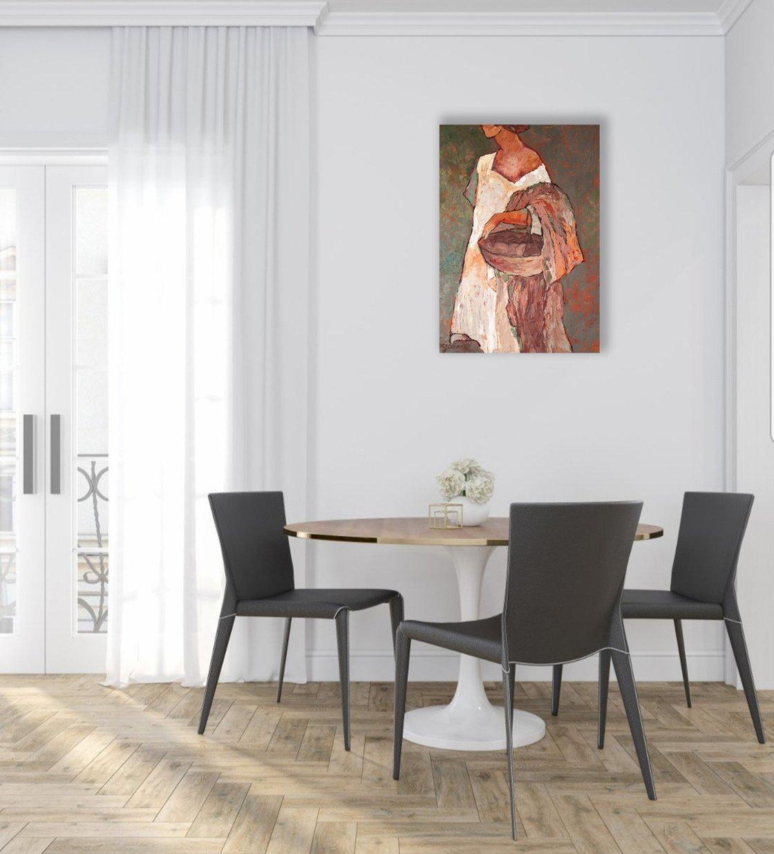 SOLA ENTRE ARBUSTOS DE ROSAS - PINTURA FIGURATIVA DE MUJER SOBRE LIENZO 5