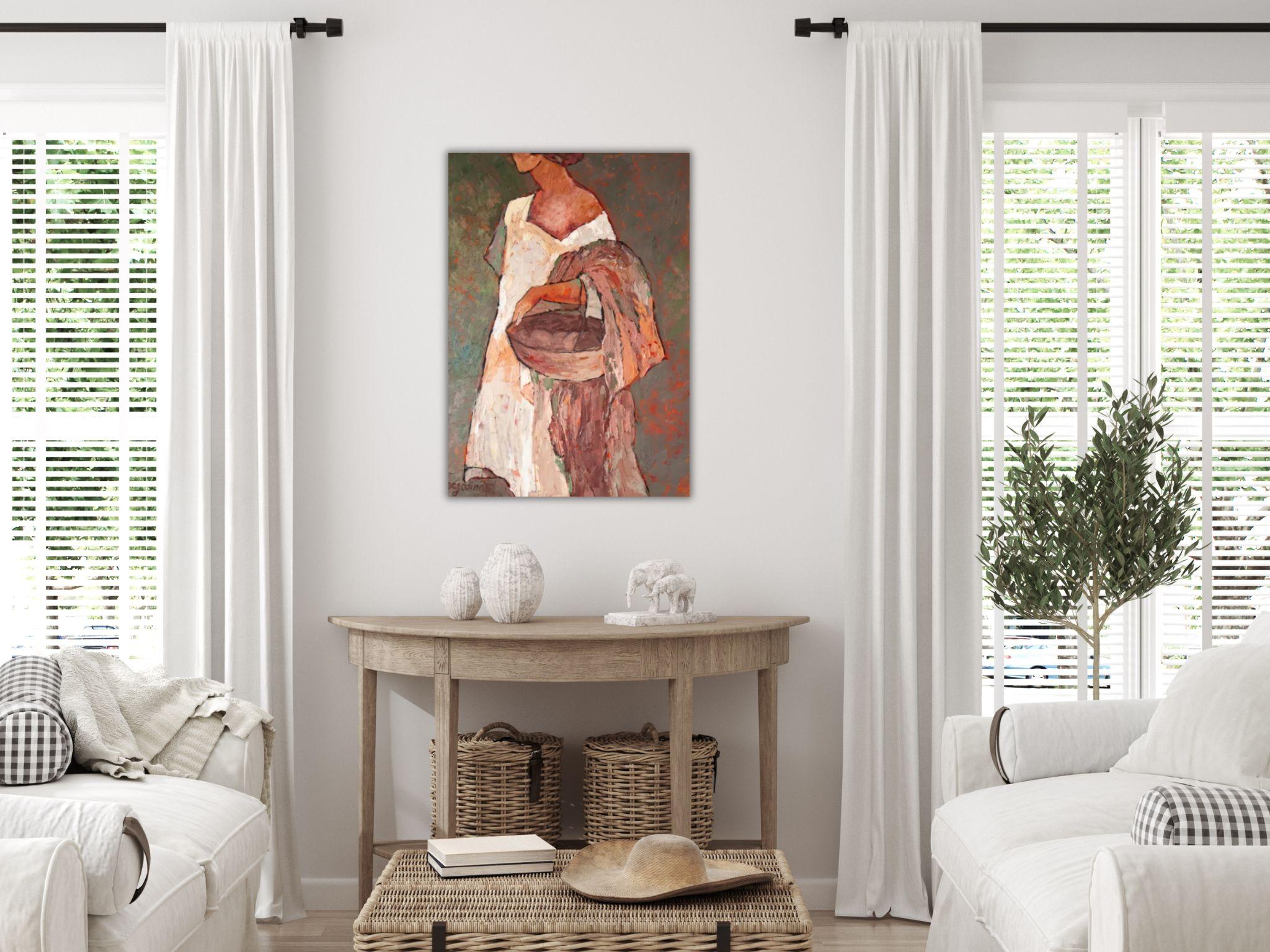 SOLA ENTRE ARBUSTOS DE ROSAS - PINTURA FIGURATIVA DE MUJER SOBRE LIENZO 6
