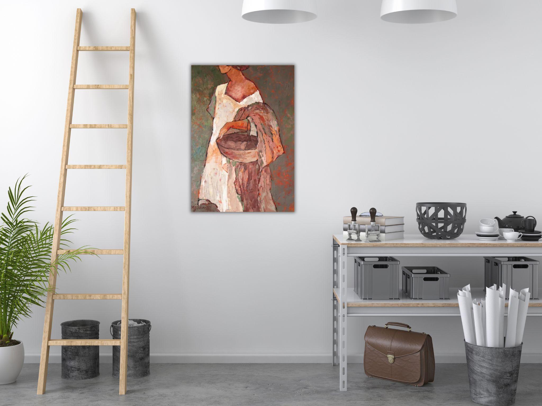 SOLA ENTRE ARBUSTOS DE ROSAS - PINTURA FIGURATIVA DE MUJER SOBRE LIENZO 7