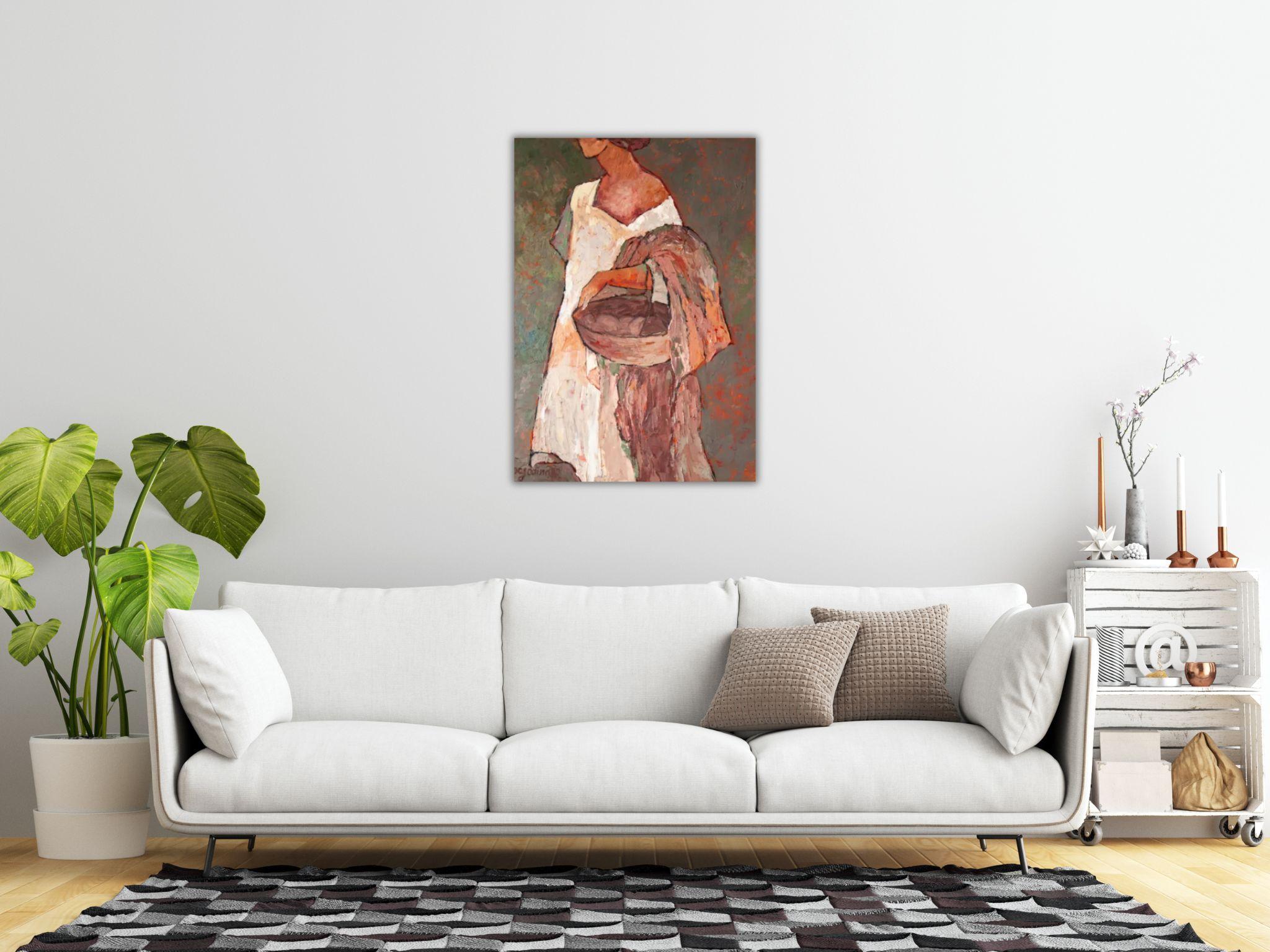 SOLA ENTRE ARBUSTOS DE ROSAS - PINTURA FIGURATIVA DE MUJER SOBRE LIENZO 8