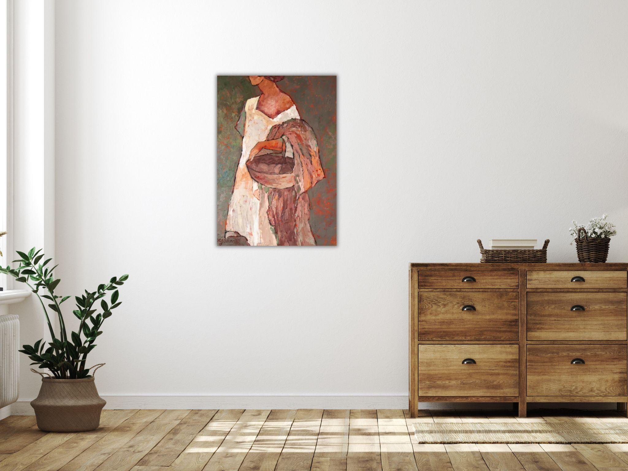 SOLA ENTRE ARBUSTOS DE ROSAS - PINTURA FIGURATIVA DE MUJER SOBRE LIENZO 9