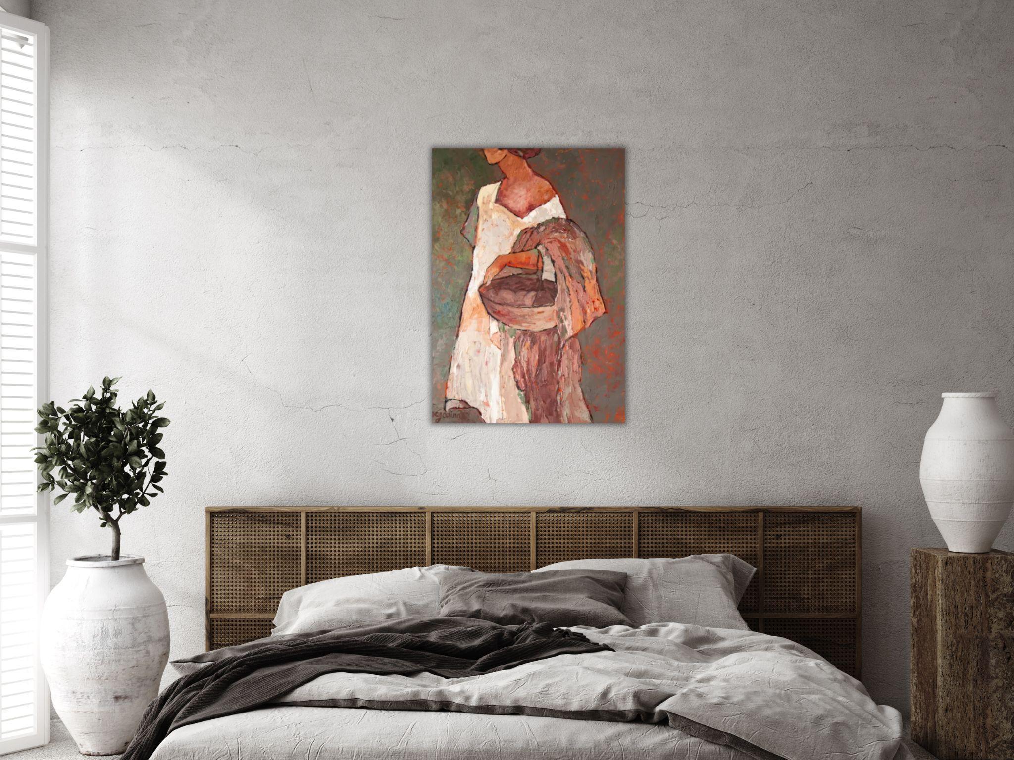 SOLA ENTRE ARBUSTOS DE ROSAS - PINTURA FIGURATIVA DE MUJER SOBRE LIENZO 10