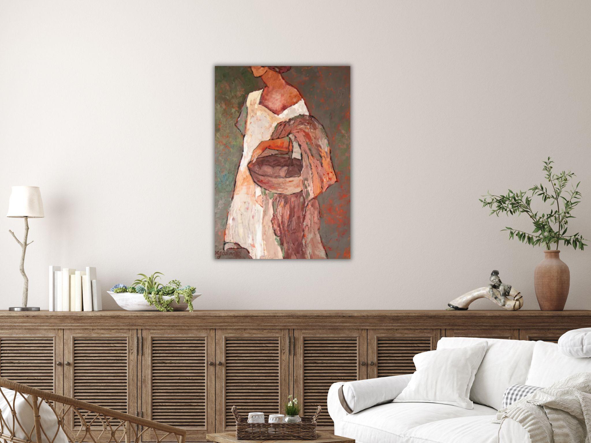 SOLA ENTRE ARBUSTOS DE ROSAS - PINTURA FIGURATIVA DE MUJER SOBRE LIENZO 11