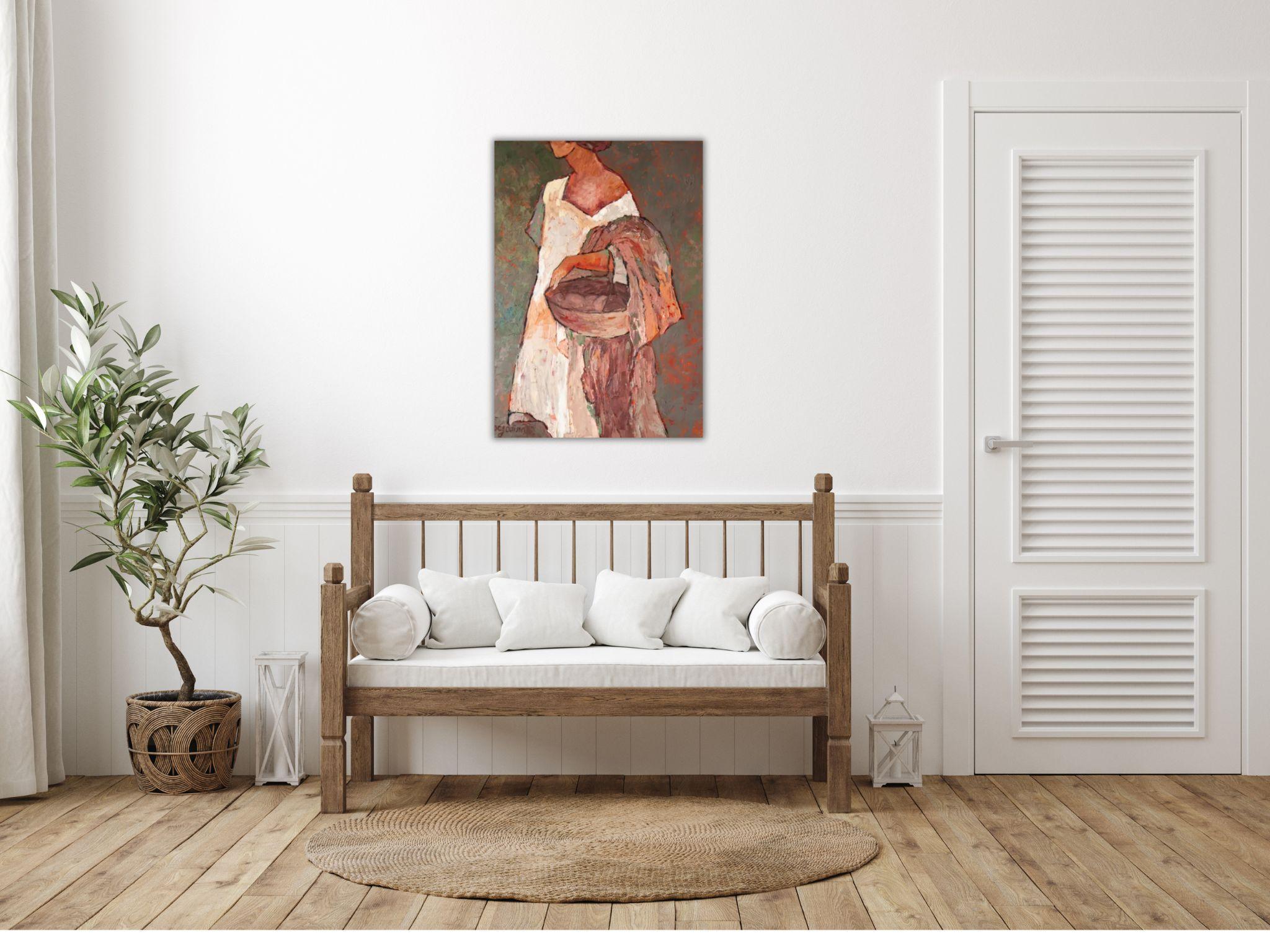 SOLA ENTRE ARBUSTOS DE ROSAS - PINTURA FIGURATIVA DE MUJER SOBRE LIENZO 12