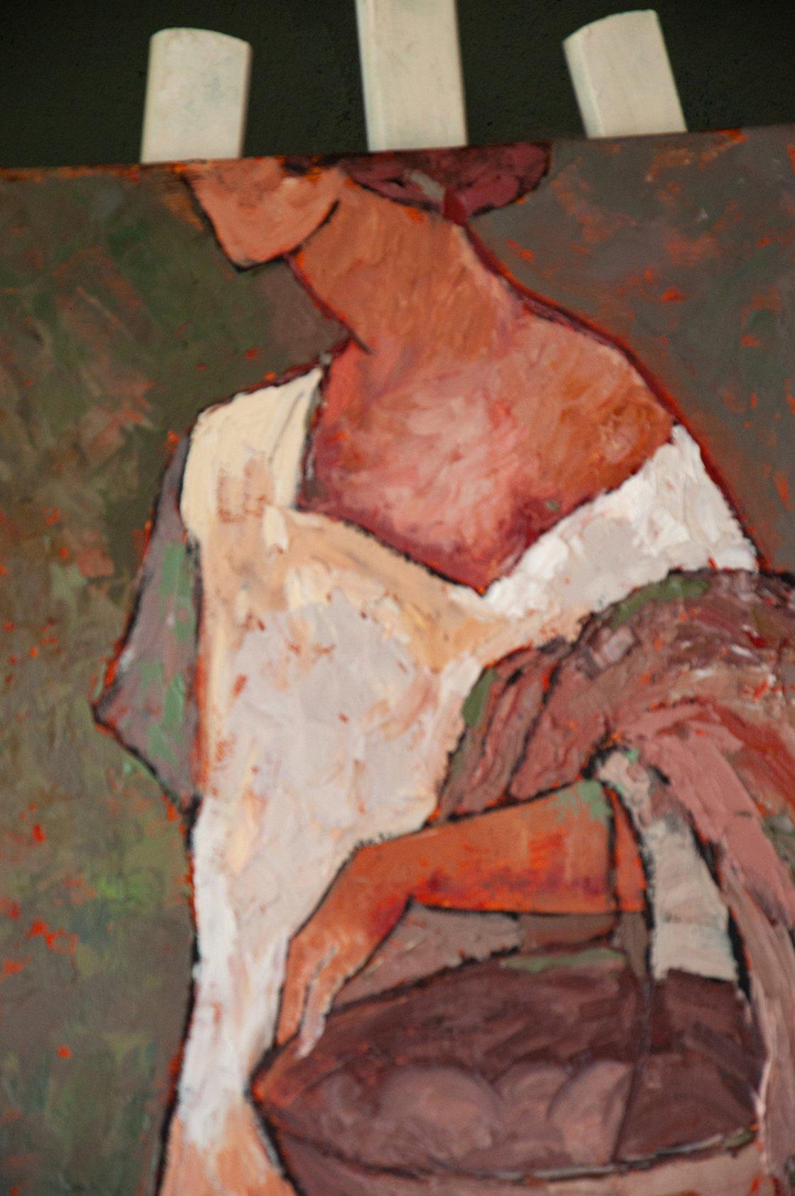 SOLA ENTRE ARBUSTOS DE ROSAS - PINTURA FIGURATIVA DE MUJER SOBRE LIENZO 1