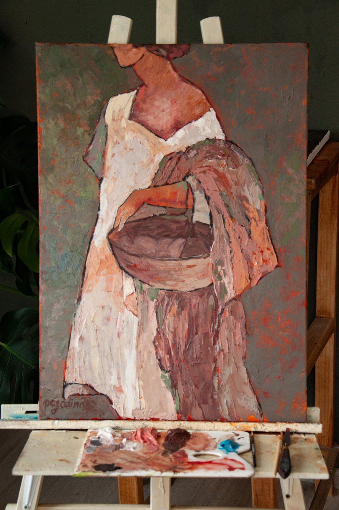 SOLA ENTRE ARBUSTOS DE ROSAS - PINTURA FIGURATIVA DE MUJER SOBRE LIENZO - Painting de Dasha Pogodina